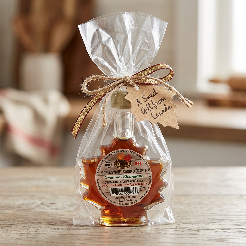 Erabl'Or organic maple syrup bottle in a clear gift bag tied with ribbon and an ‘A Sweet Gift from Canada’ tag.