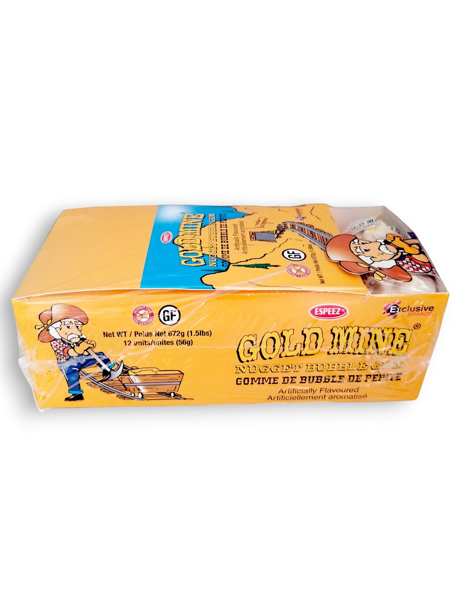 Espeez Gold Mine Nugget Bubble Gum, 12 units (56g), 672g, side of box.