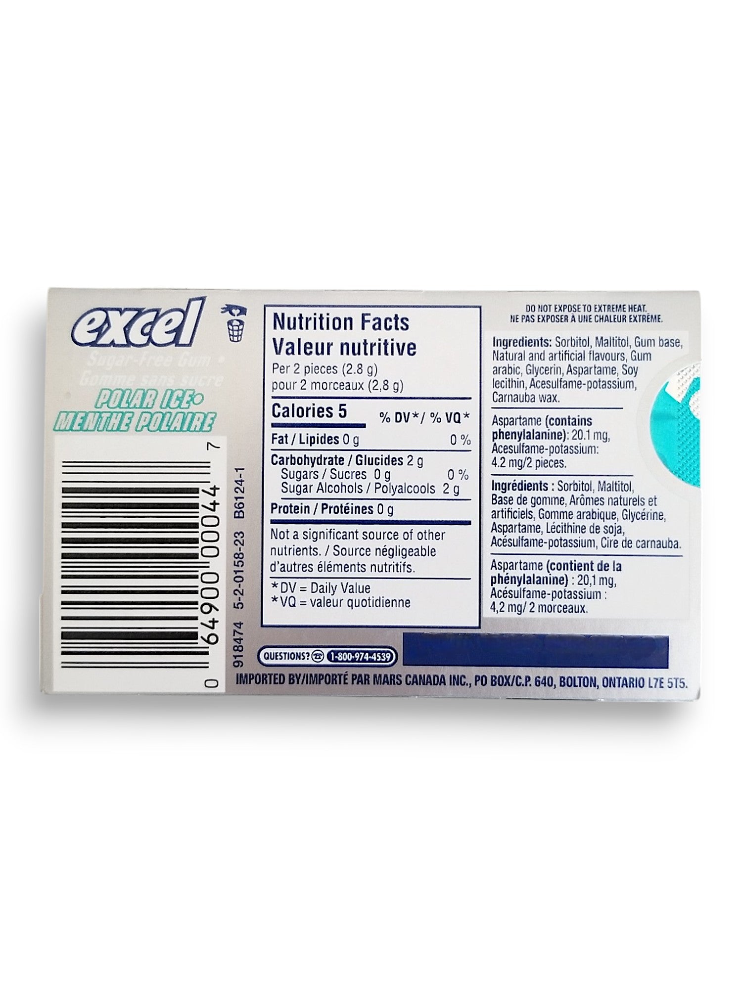 Excel Sugar-Free Gum, Polar Ice, 12pc - Back Of Package