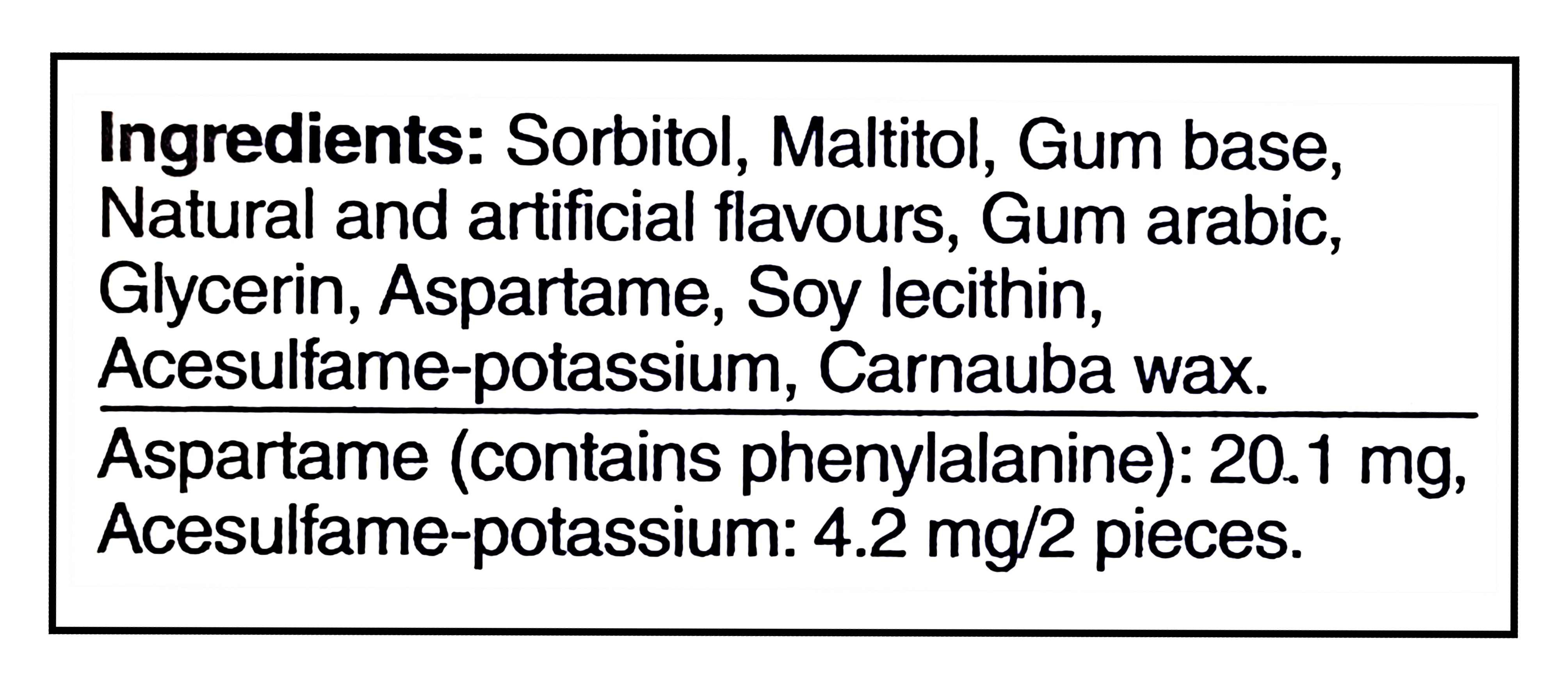 Excel Sugar-Free Gum, Polar Ice, 12pc - Ingredients Label