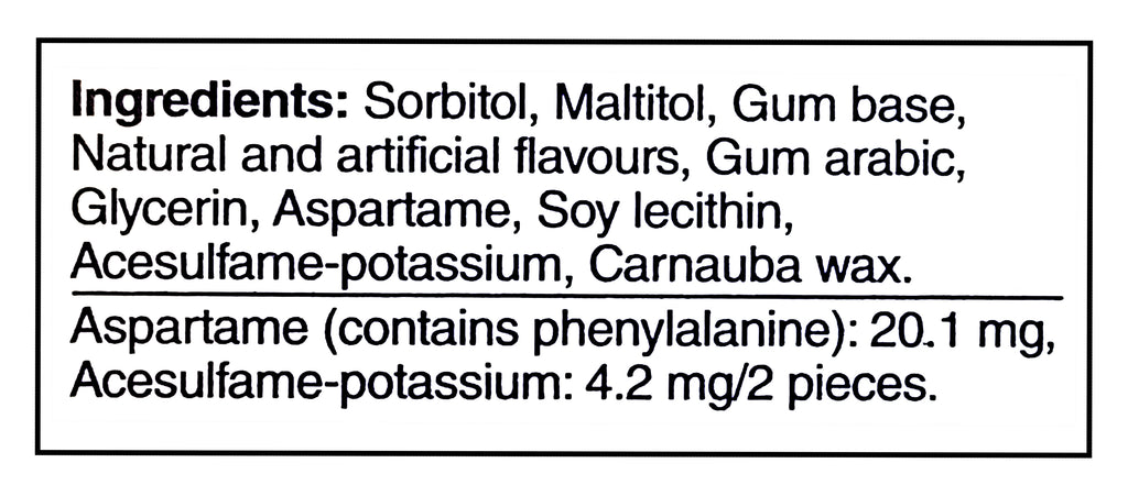 Excel Sugar-Free Gum, Polar Ice, 12pc - Ingredients Label