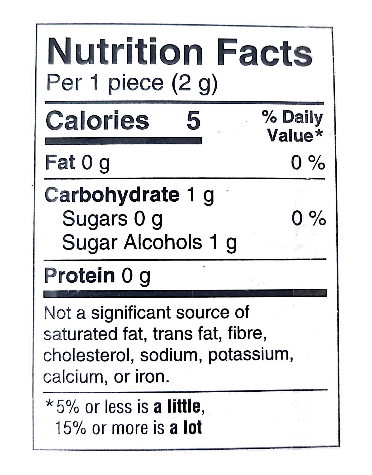 Excel Sugar-Free Gum, Refreshers Tropical, 6 ct. Package, nutrition label.