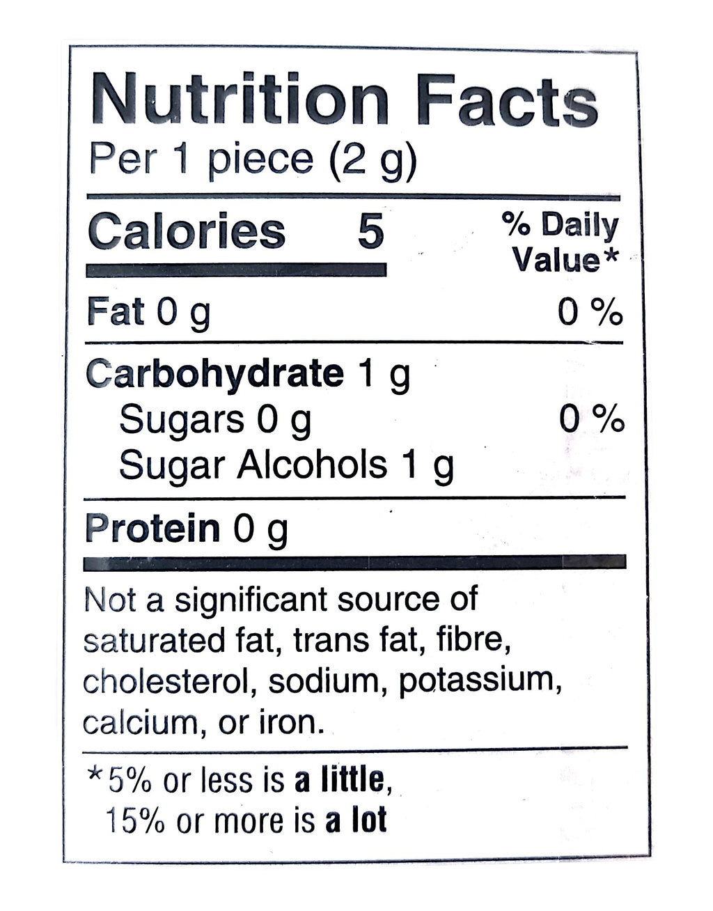 Excel Sugar-Free Gum, Refreshers Tropical, 6 ct. Package, nutrition label.