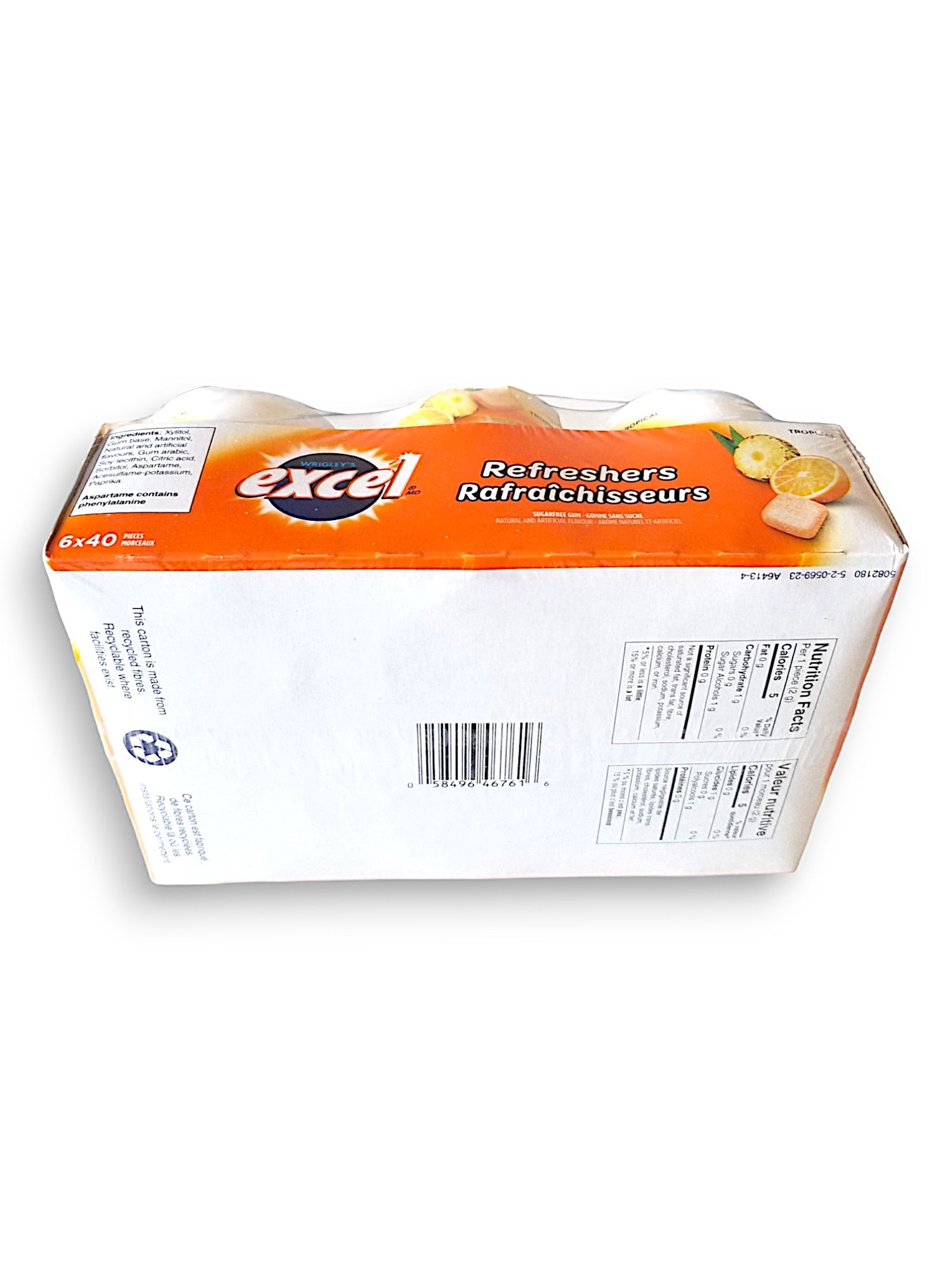 Excel Sugar-Free Gum, Refreshers tropical, 6 ct. Package, bottom of package with upc. 