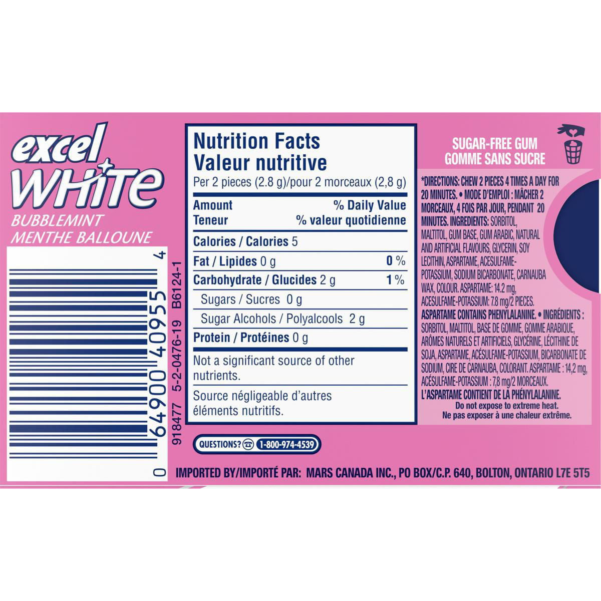 Excel White Chewing Gum White Bubblemint, 3 x 18 pieces, 54 pieces total Box Back Side