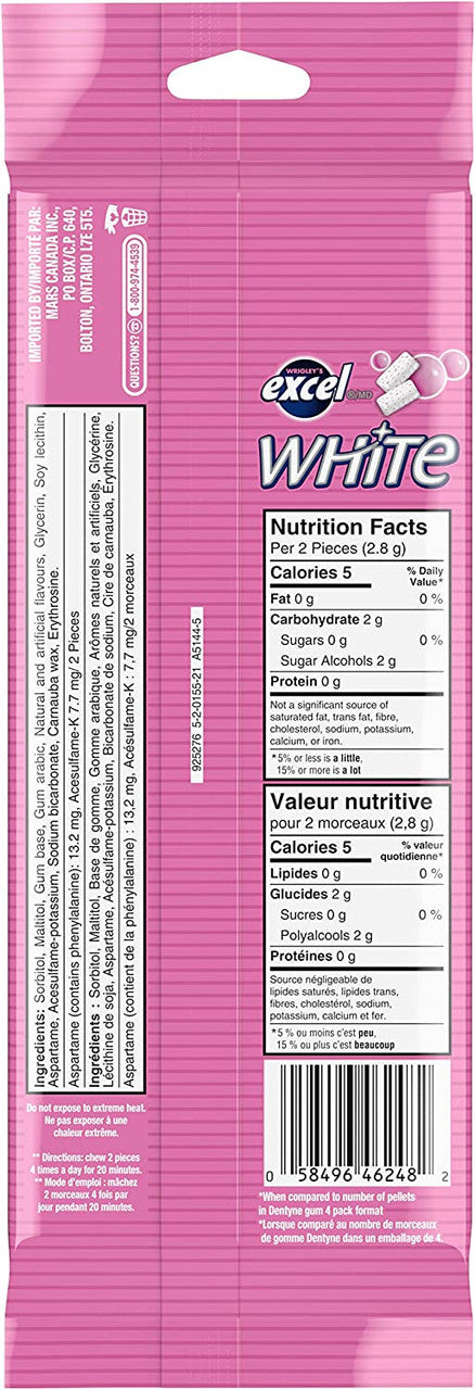 Excel White Chewing Gum White Bubblemint, 3 x 18 pieces, 54 pieces total Box back Side