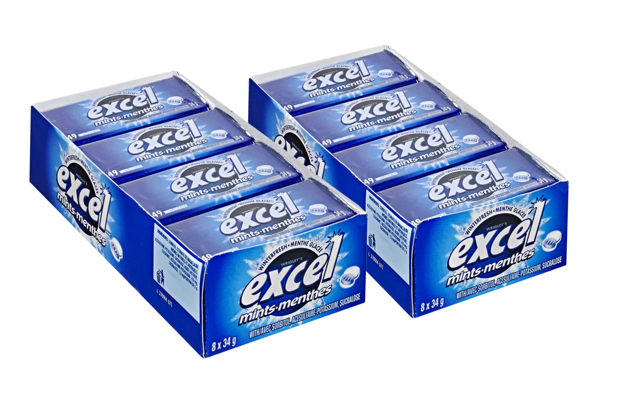 Excel Sugar-Free Mints, 34gm Tins, 8 Count, 2pk., (Winterfresh) {Imported from Canada}