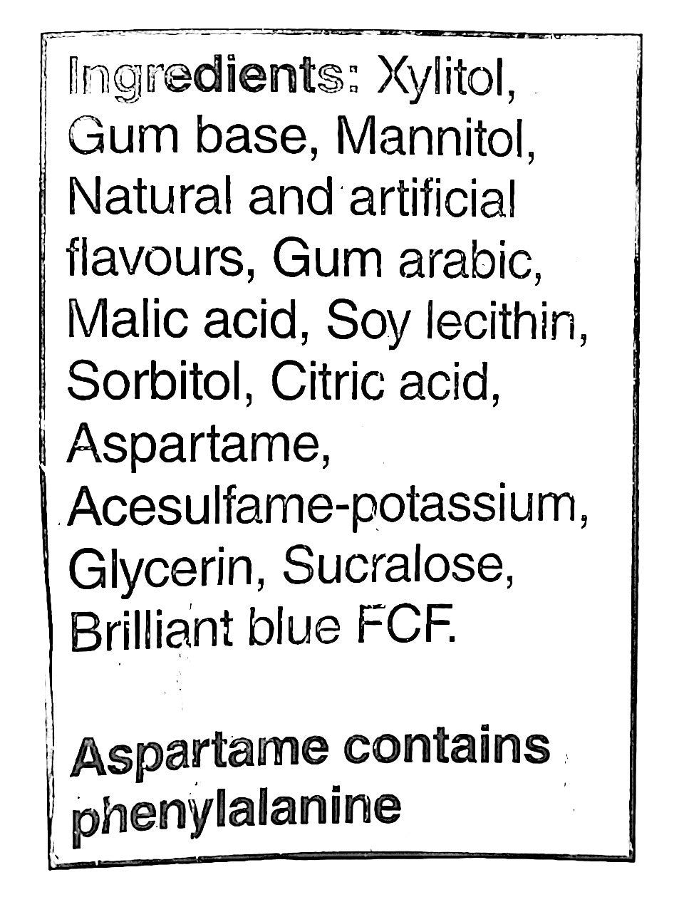 Excel Sugar-Free Gum, Refresher Blueberry, 6 ct. Package, ingredients label.