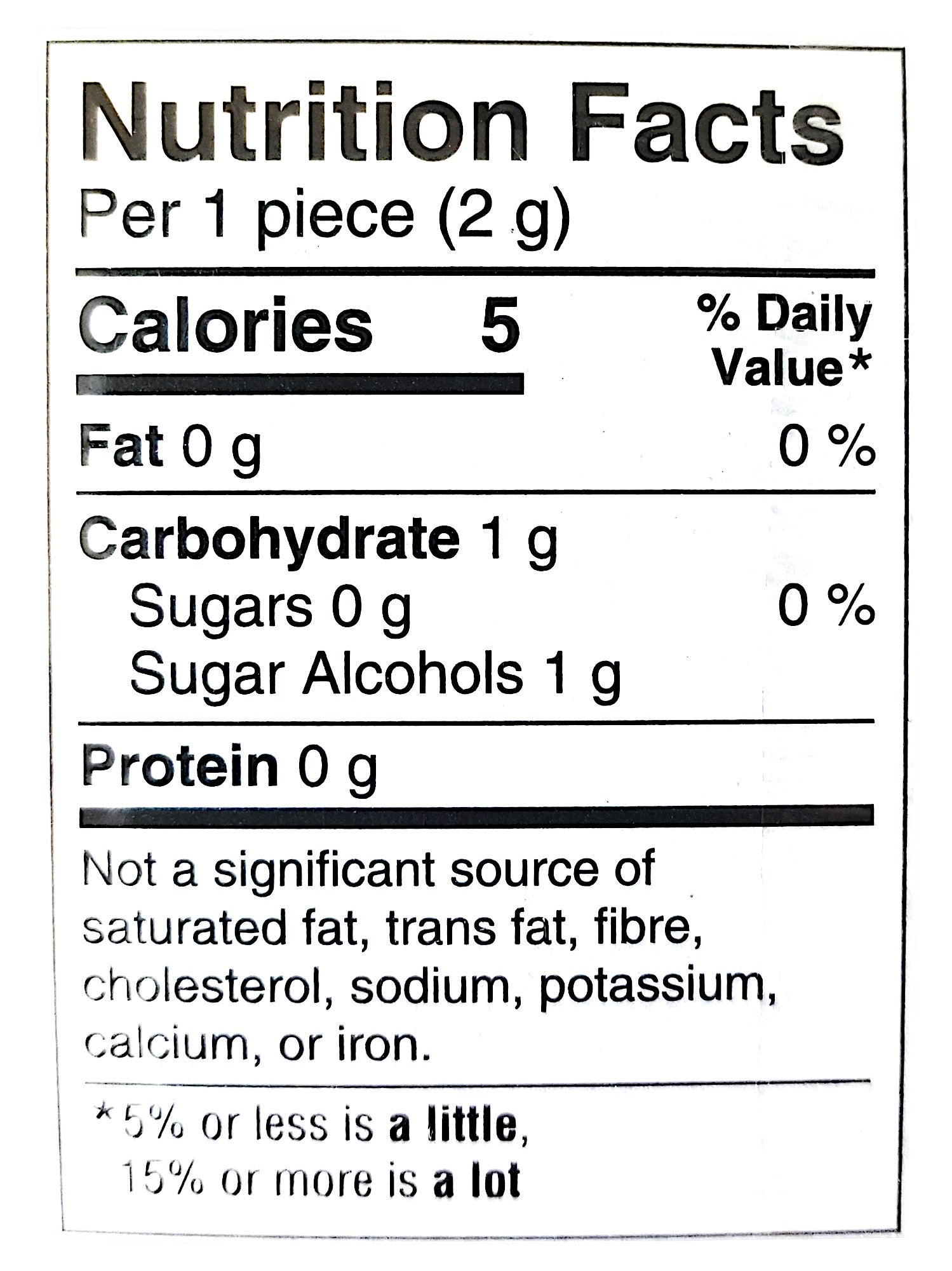 Excel Sugar-Free Gum, Refresher Blueberry, 6 ct. Package, nutrition label.