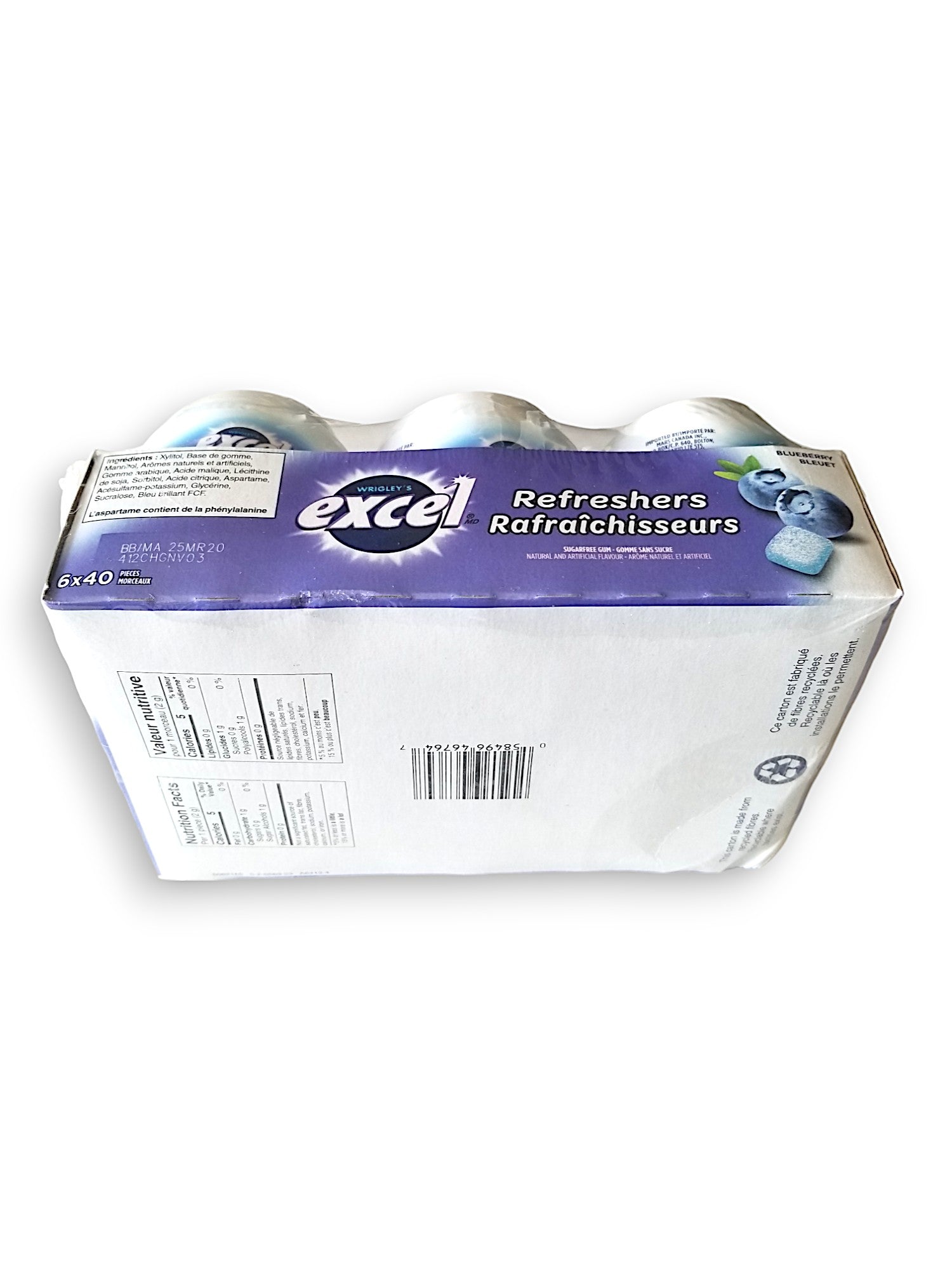 Excel sugar-Free Gum, Refresher Blueberry, 6 ct. Package, bottom of package with upc.