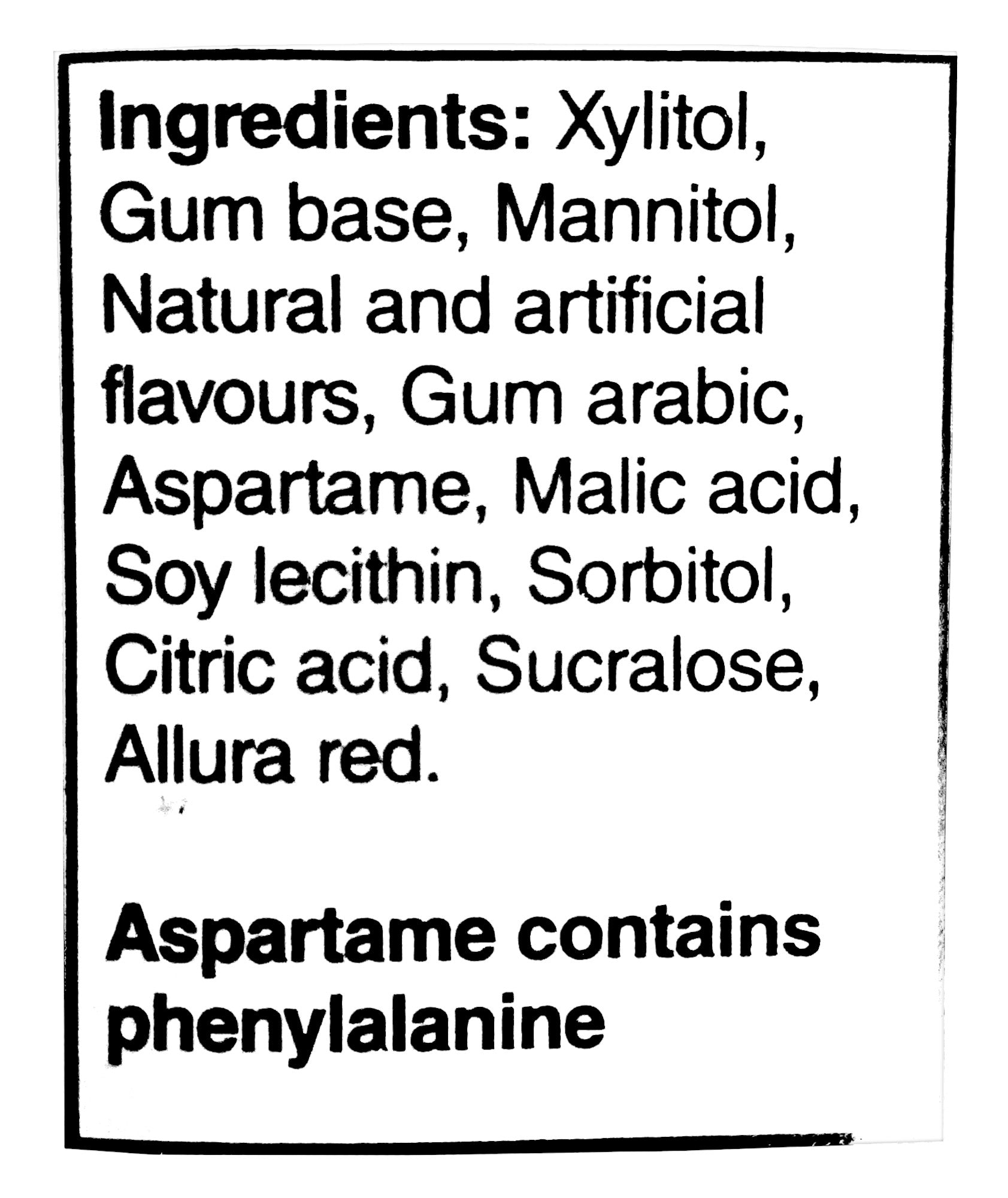 Excel Sugar-Free Gum, Refreshers Strawberry, 6 ct. Package, ingredients label.