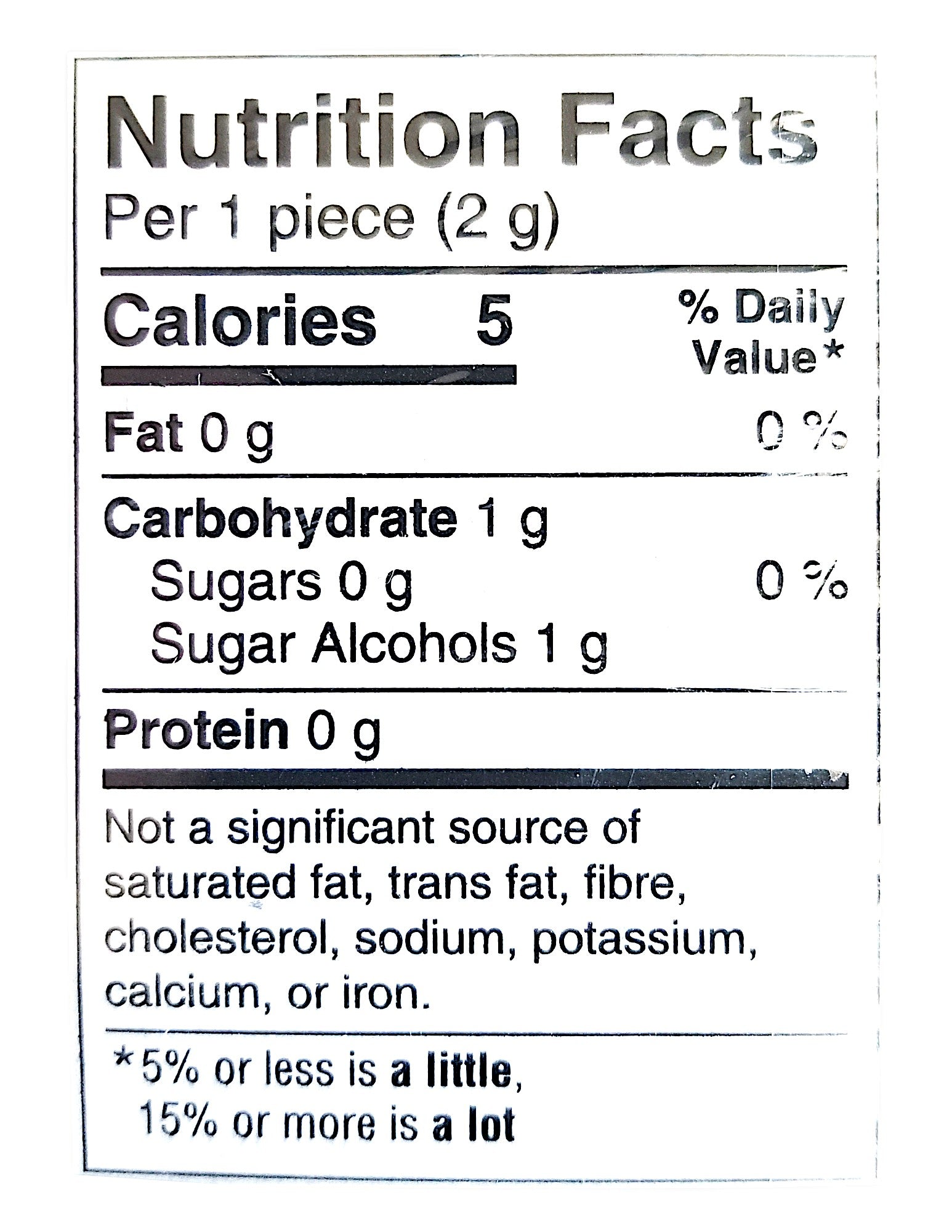 Excel Sugar-Free Gum, Refreshers Strawberry, 6 ct. Package, nutrition label.