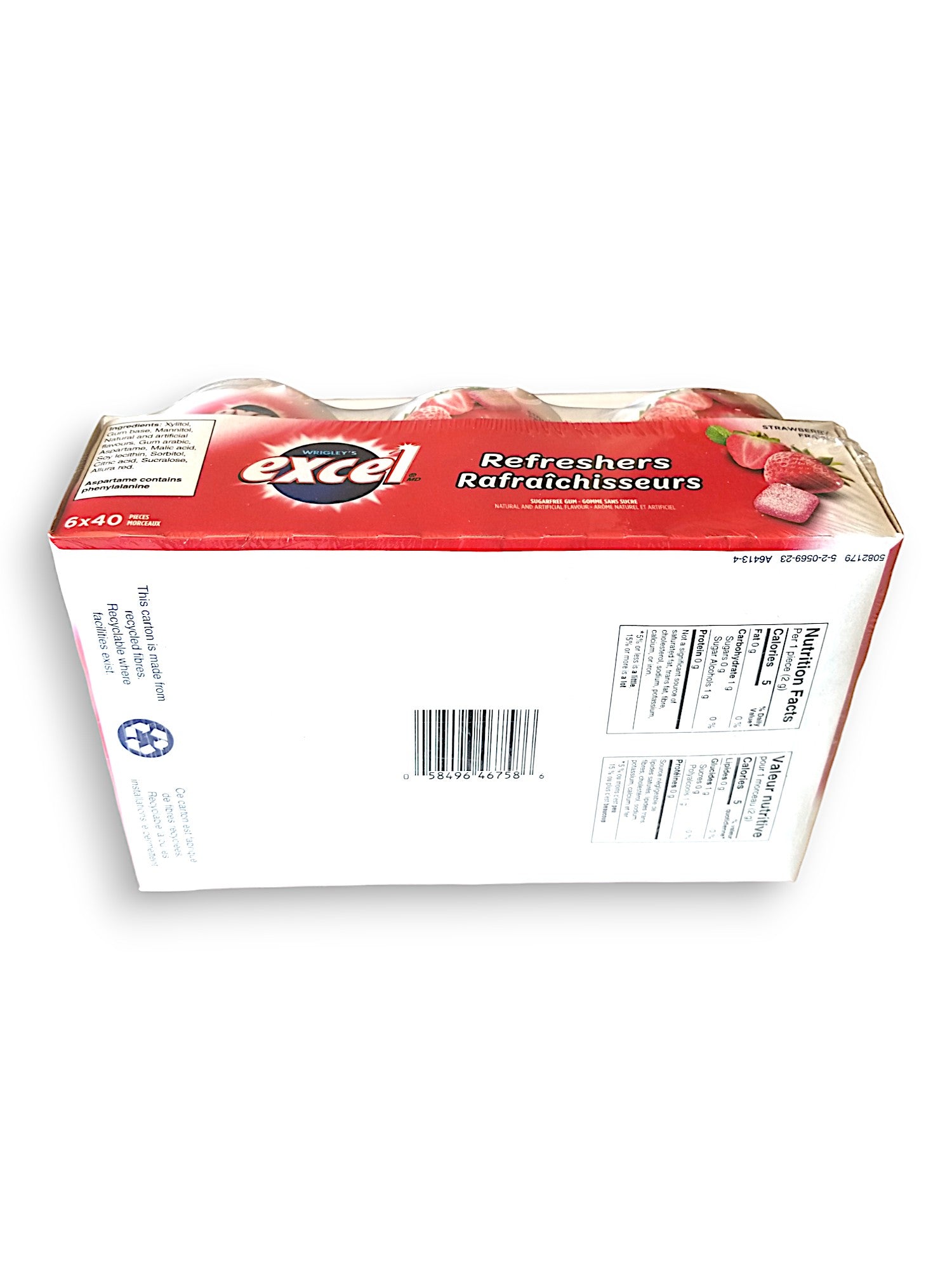 Excel Sugar-Free Gum, Refreshers Strawberry, 6 ct. Package, bottom of package with upc.