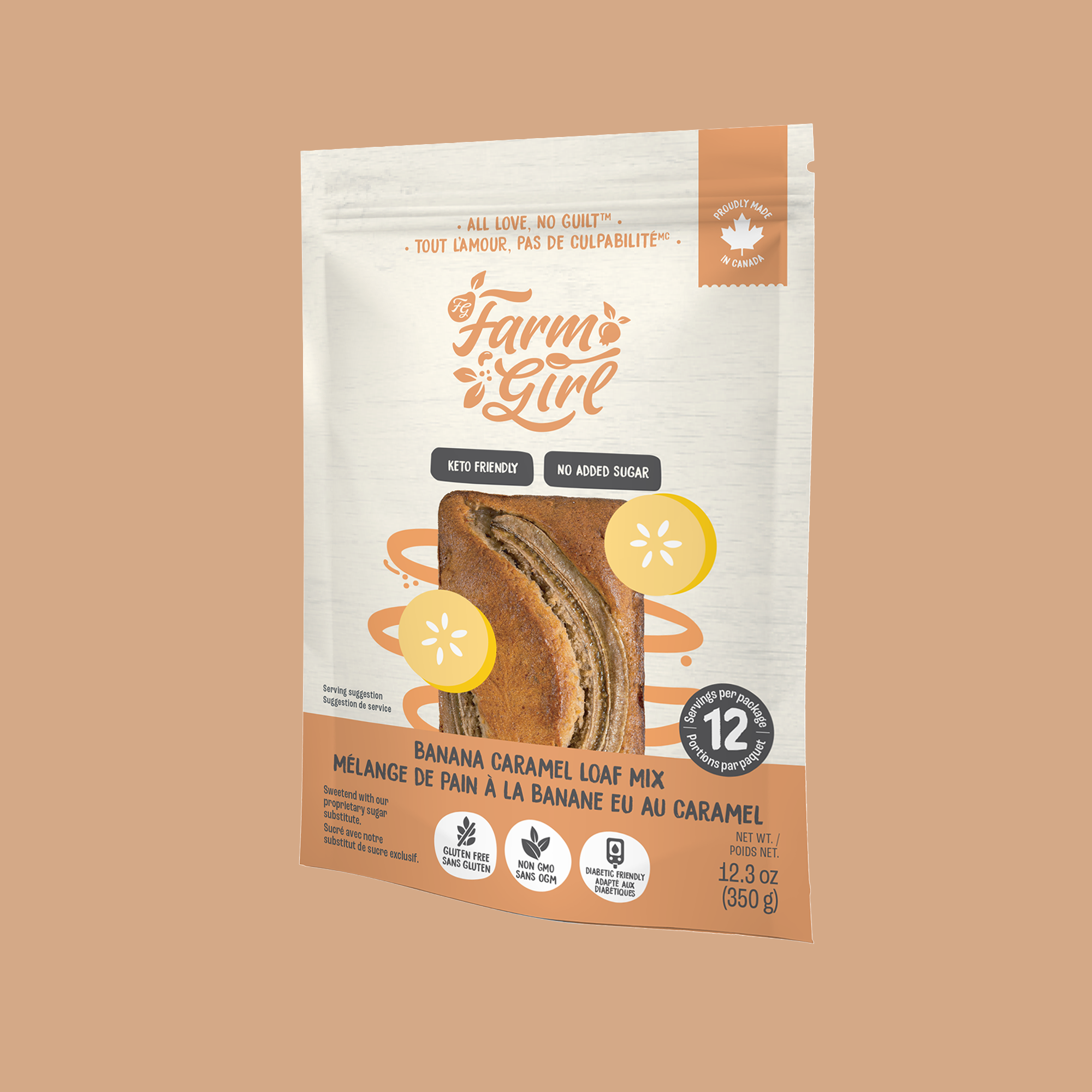 Front of Farm Girl Banana Caramel Loaf Mix, 350g/12.34 oz on beige background