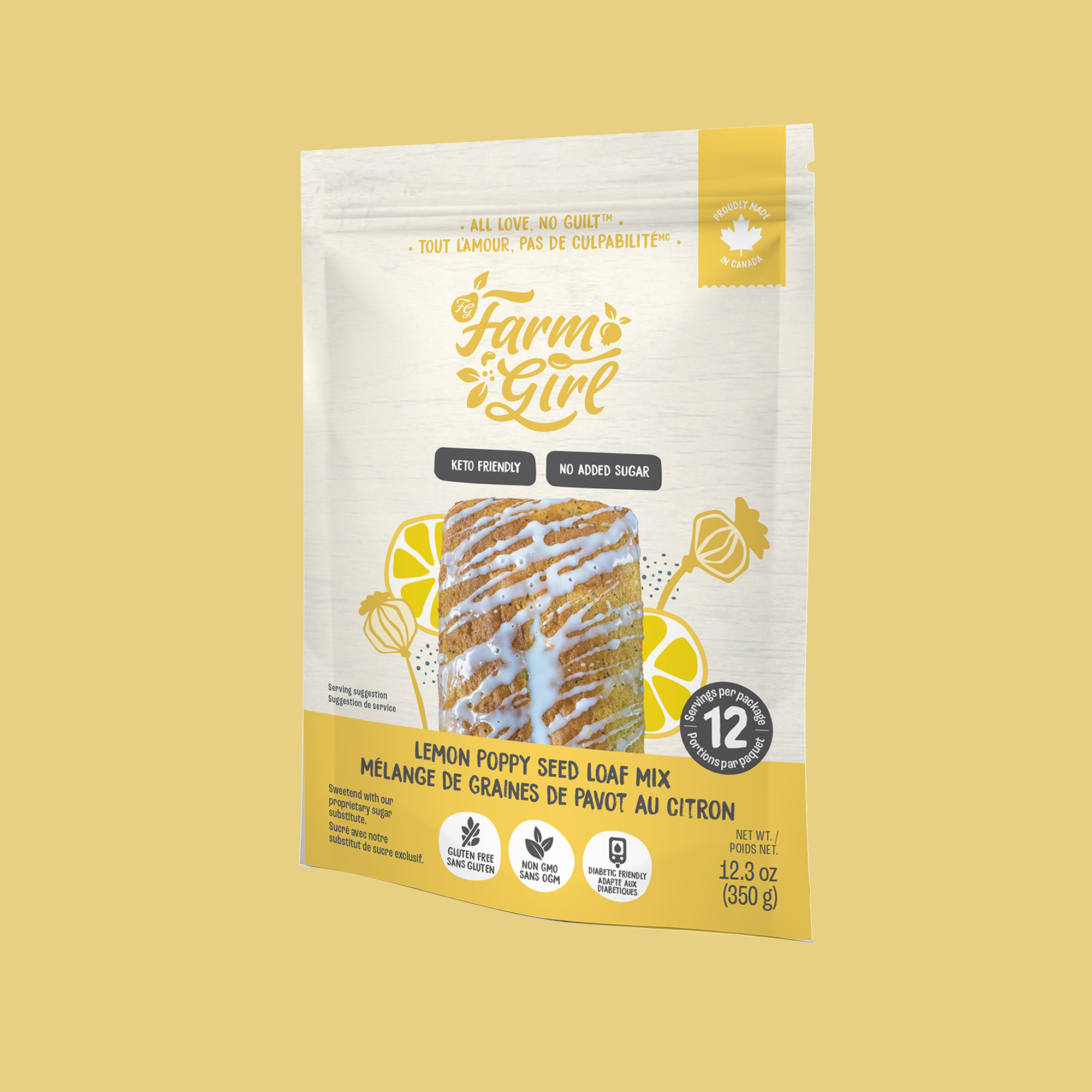 Front of Farm Girl Lemon Poppy Seed Loaf Mix, 350g/12.34 oz on a yellow background
