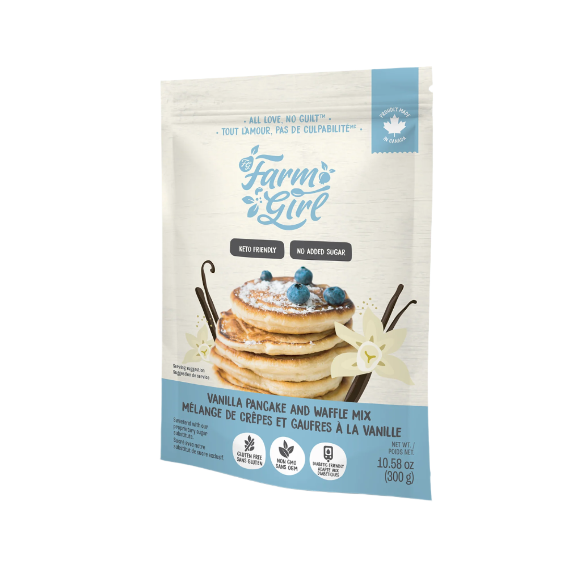 Front of Farm Girl Vanilla Pancake & Waffle Mix, 300g/10.58 oz on white background