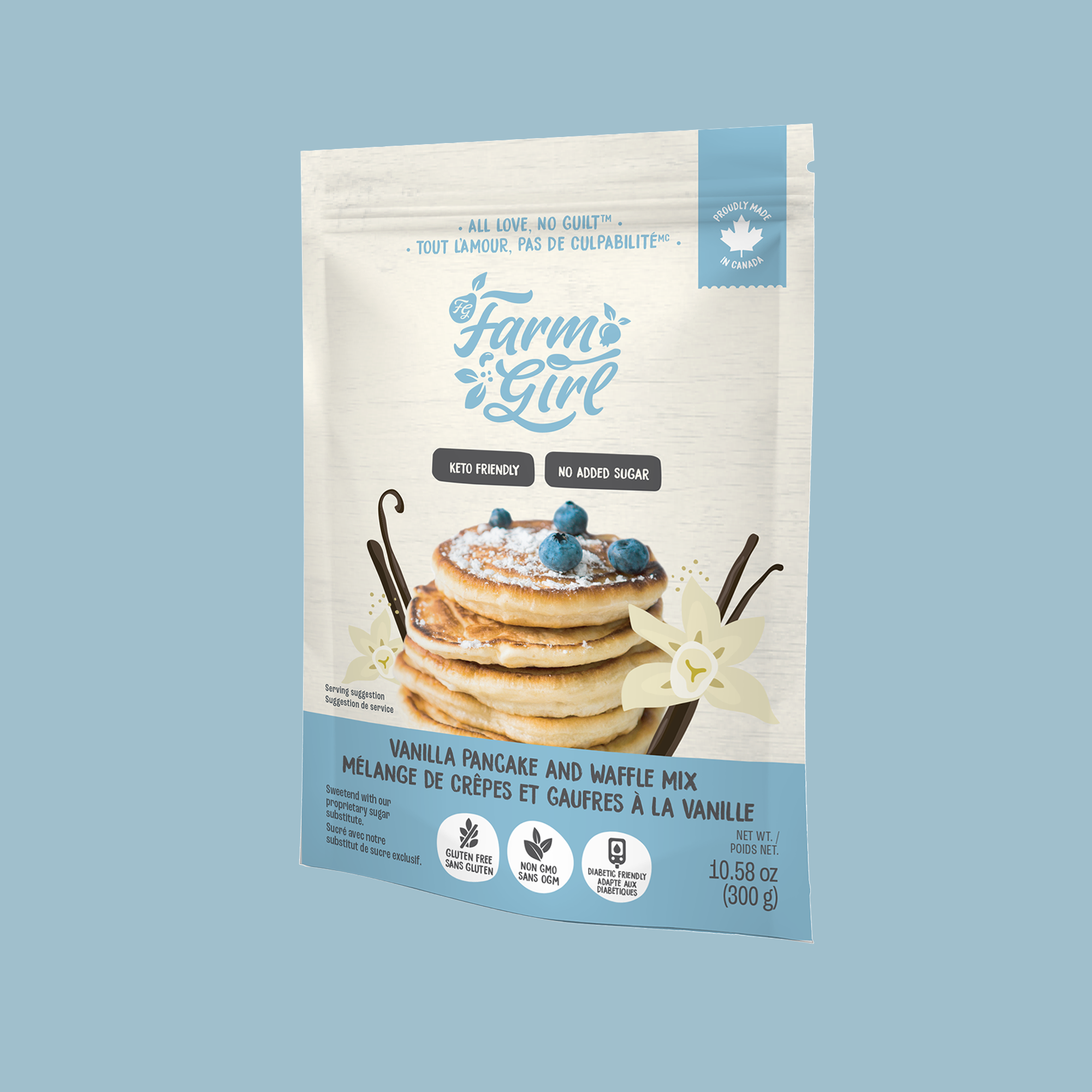 Front of Farm Girl Vanilla Pancake & Waffle Mix, 300g/10.58 oz on a light blue background