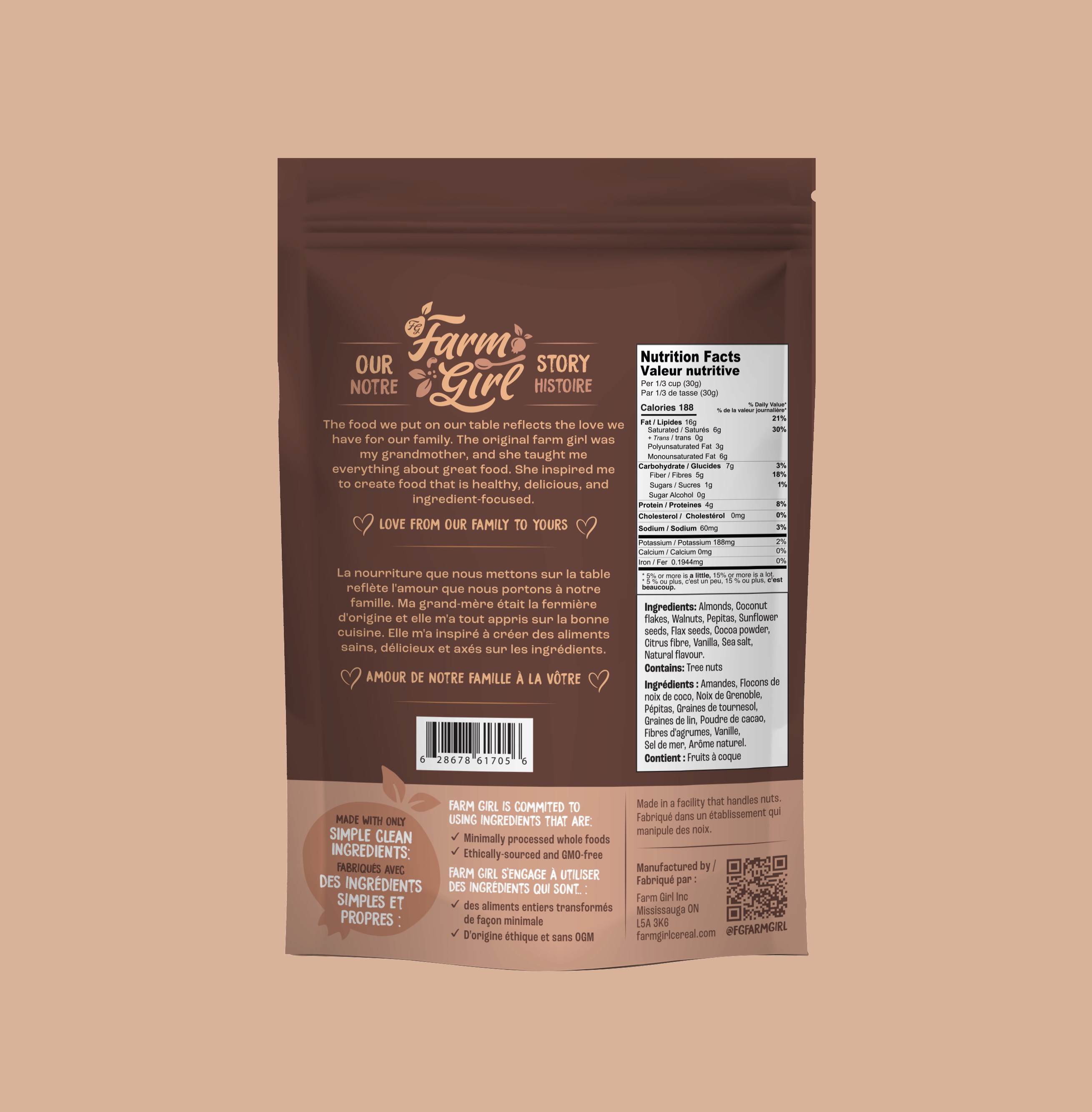 Back of Farm Girl Chocolate Granola, 300g/10.58 oz on beige background