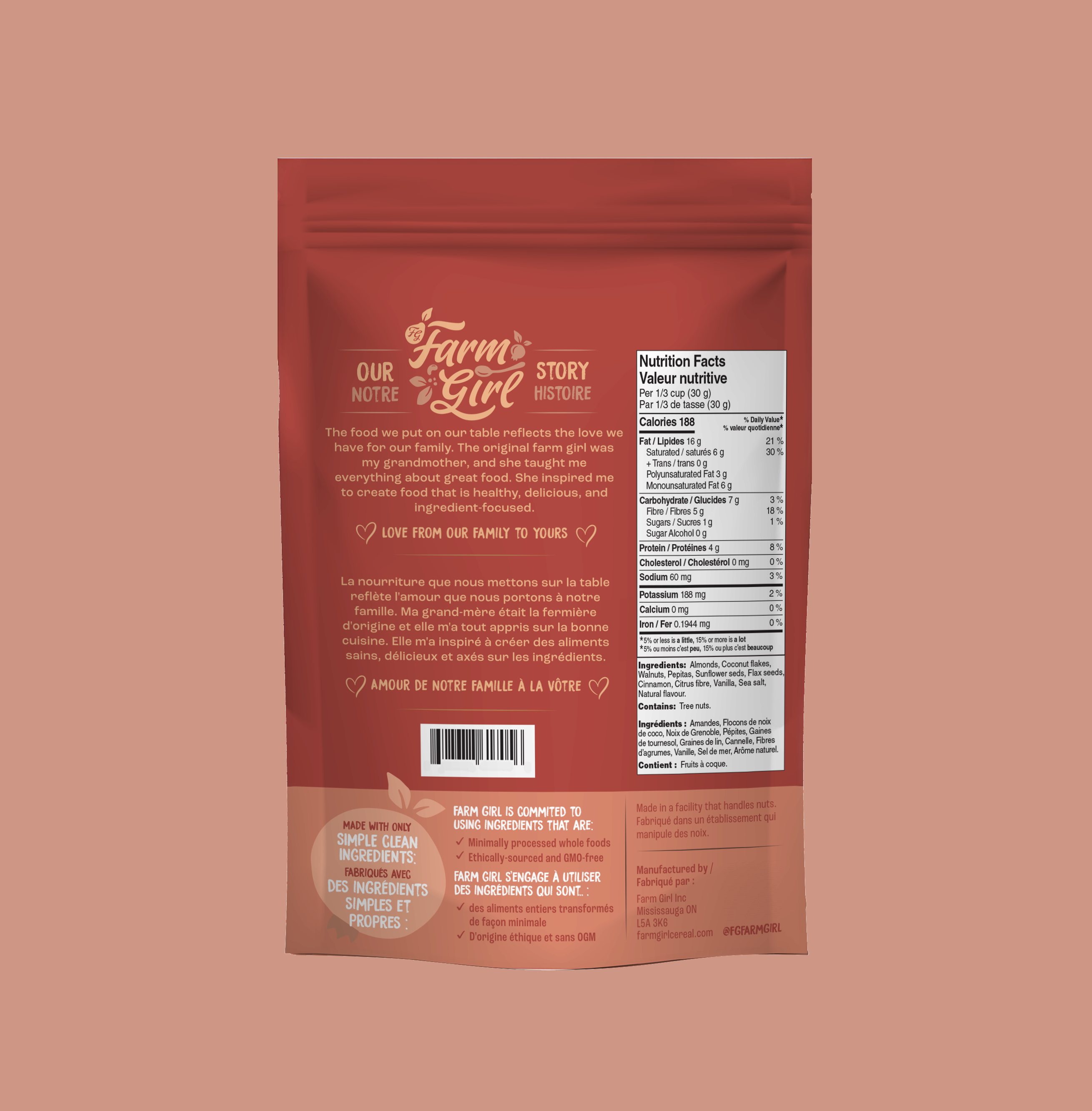 Back of Farm Girl Cinnamon Maple Granola, 300g/10.58 oz on a beige background