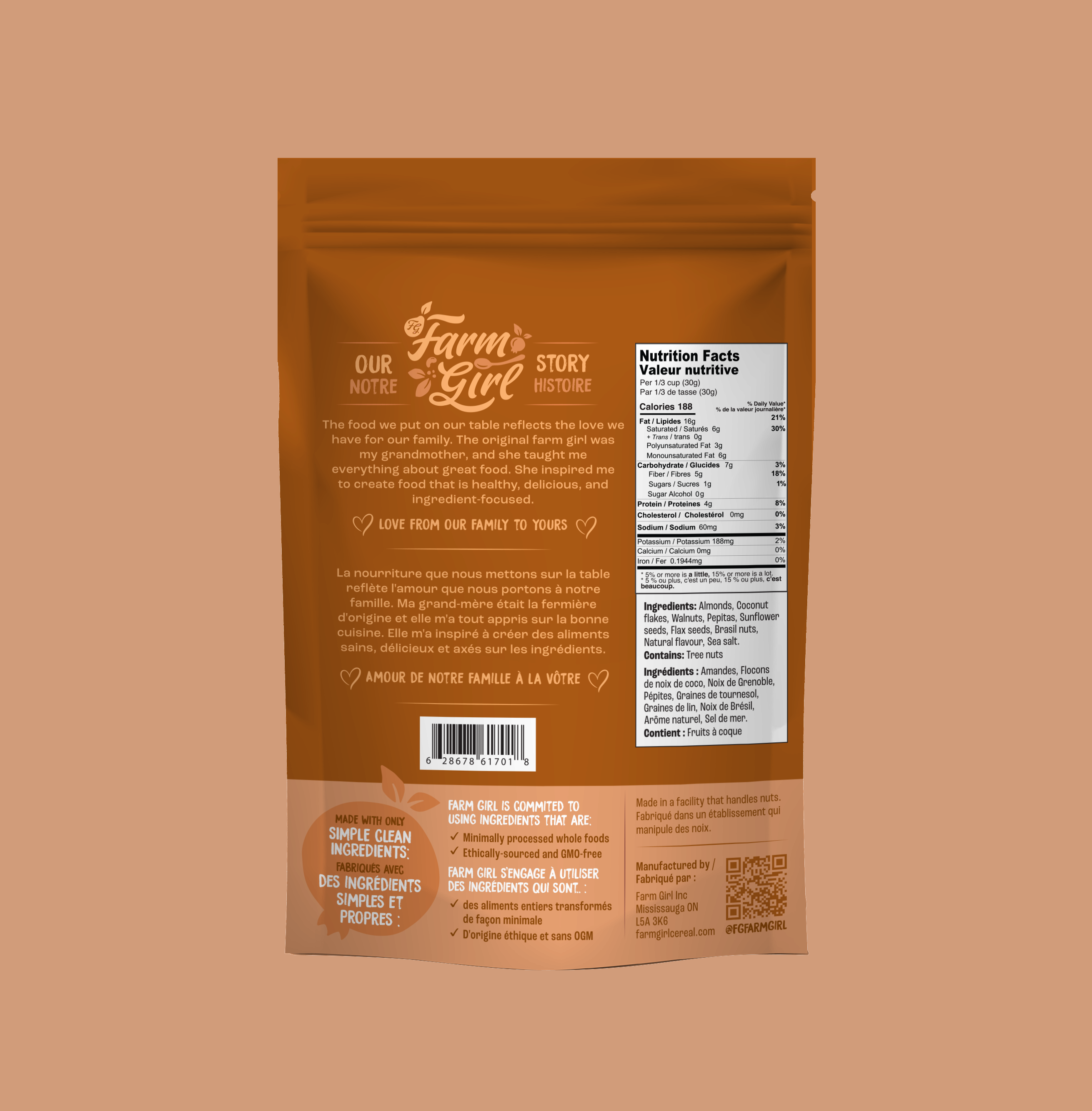 Back of Farm Girl Salted Caramel Granola, 300g/10.58 oz on a brown background