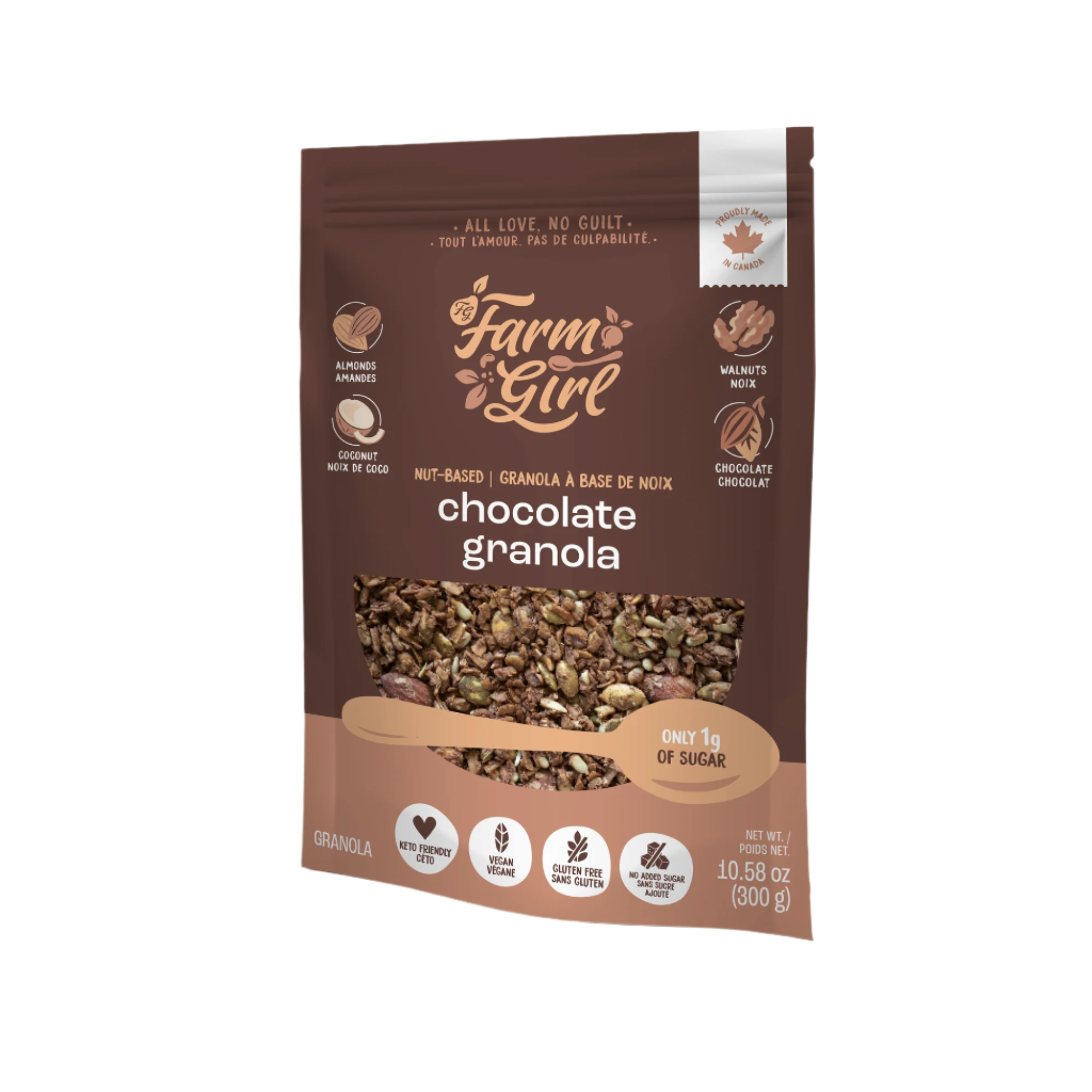 Front of Farm Girl Chocolate Granola, 300g/10.58 oz on a white background