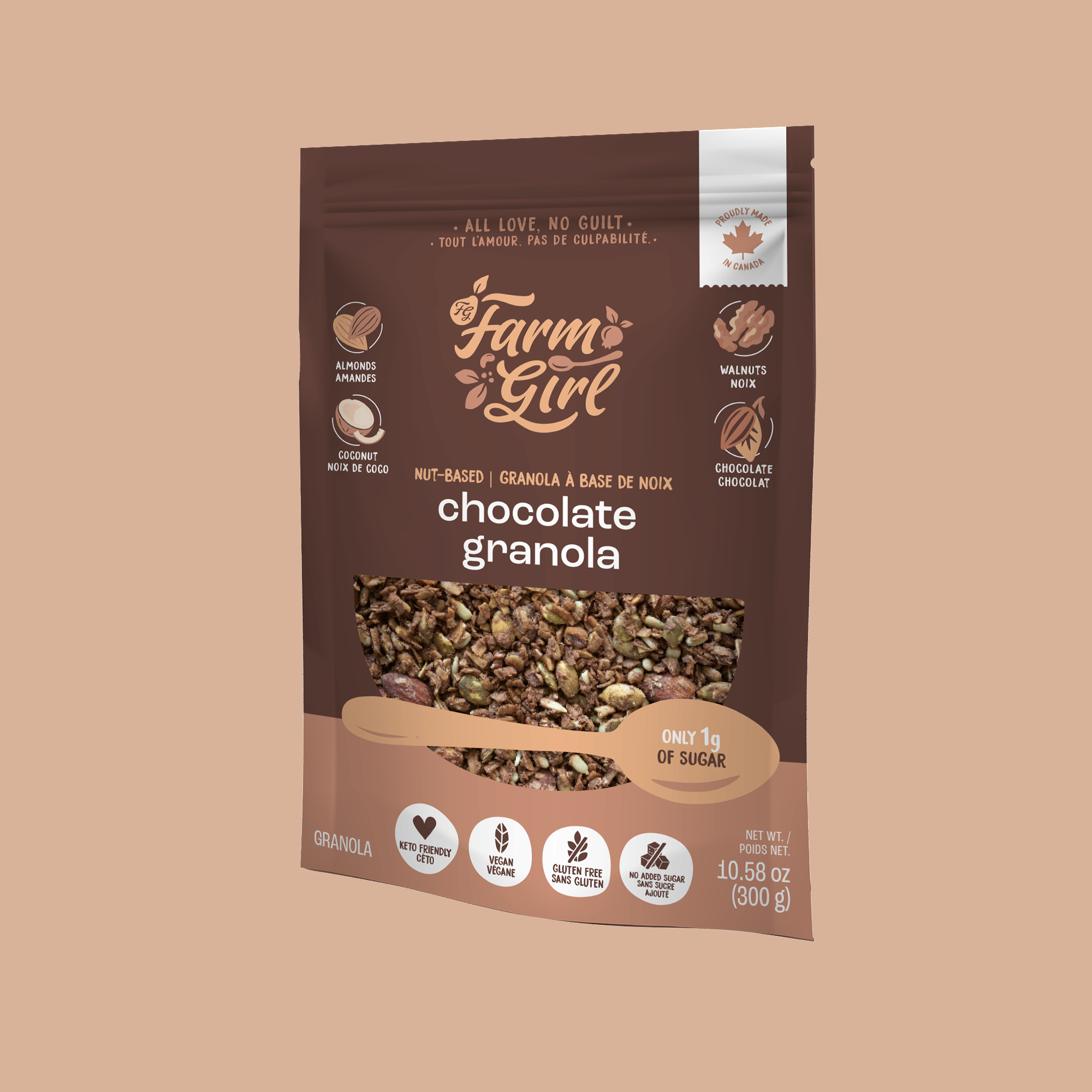 Front of Farm Girl Chocolate Granola, 300g/10.58 oz on beige background