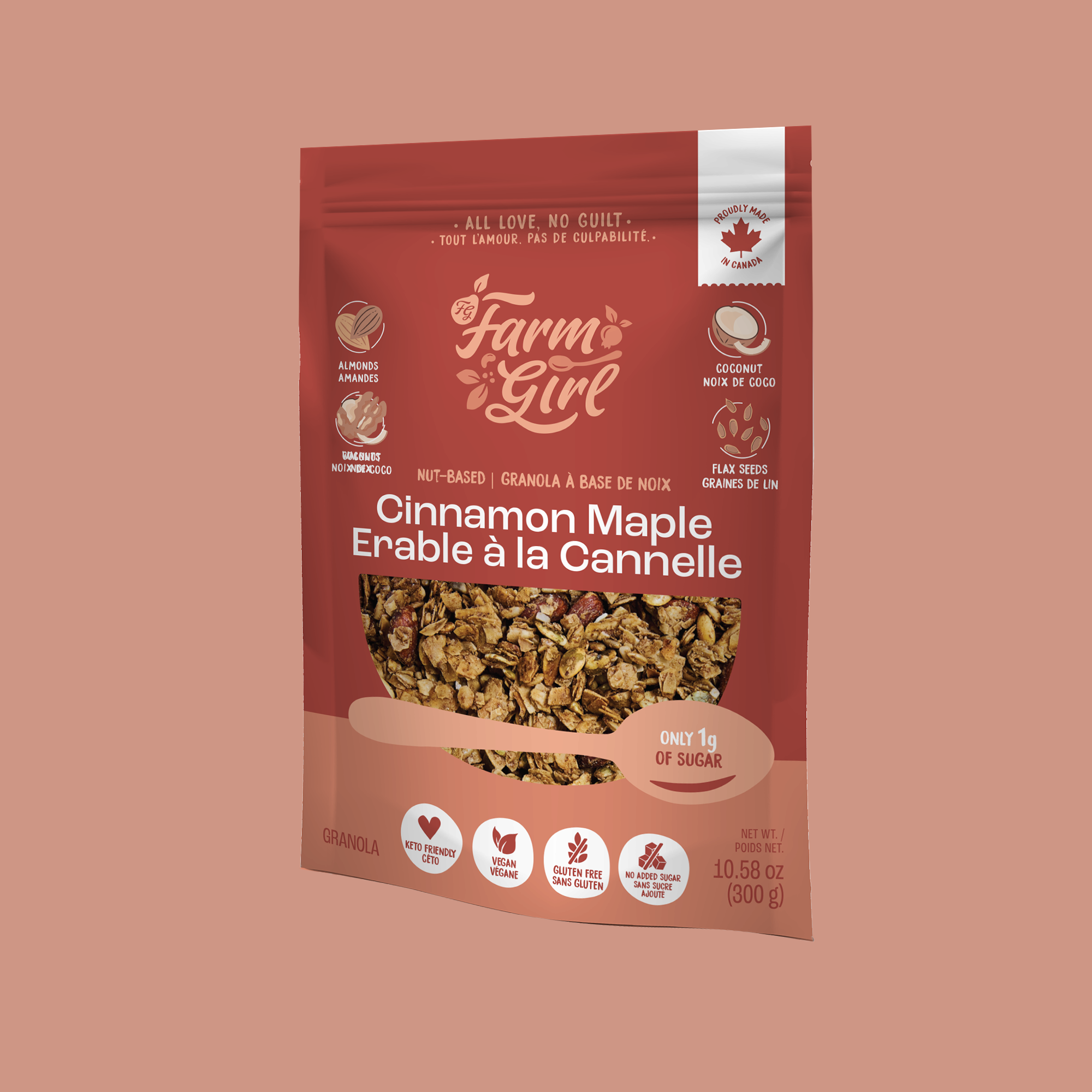 Front of Farm Girl Cinnamon Maple Granola, 300g/10.58 oz on a beige background
