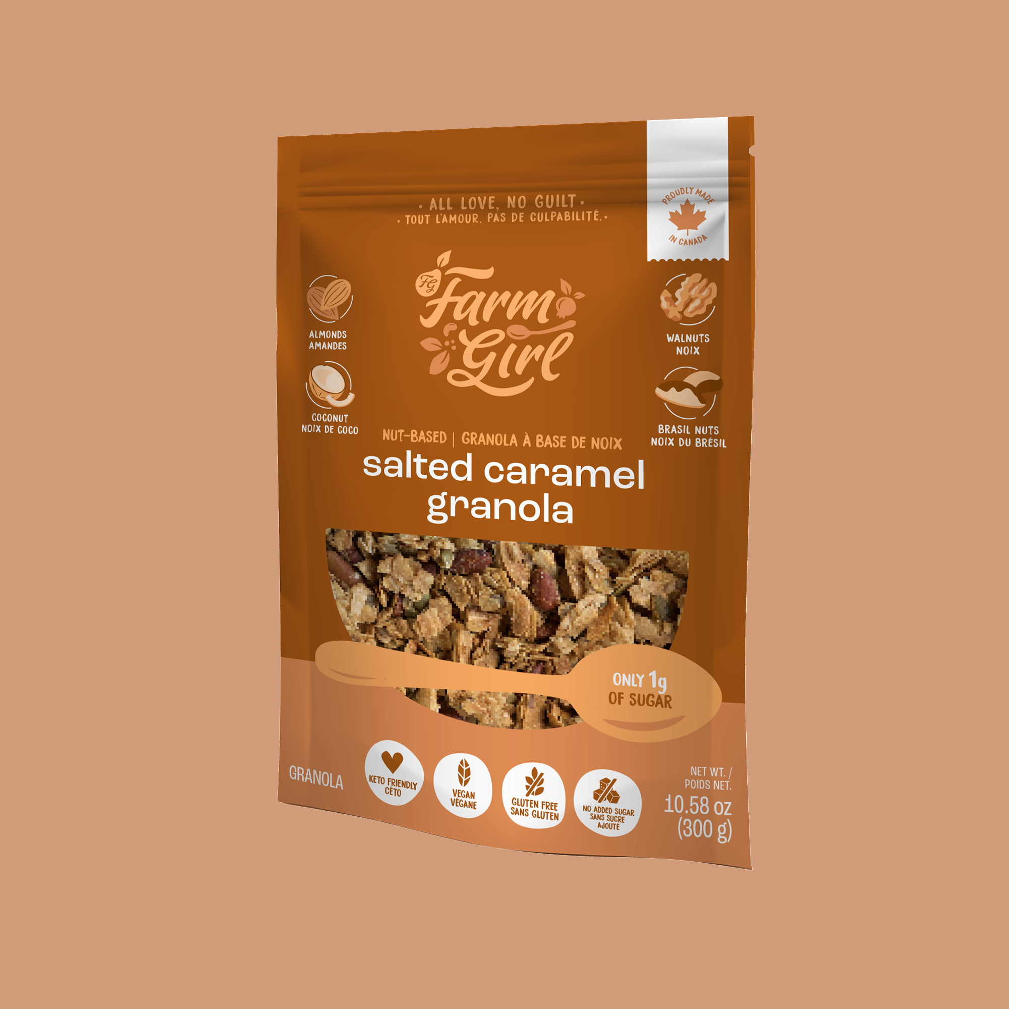Front of Farm Girl Salted Caramel Granola, 300g/10.58 oz on a brown background