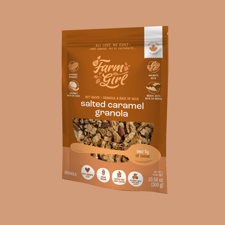 Front of Farm Girl Salted Caramel Granola, 300g/10.58 oz on a brown background