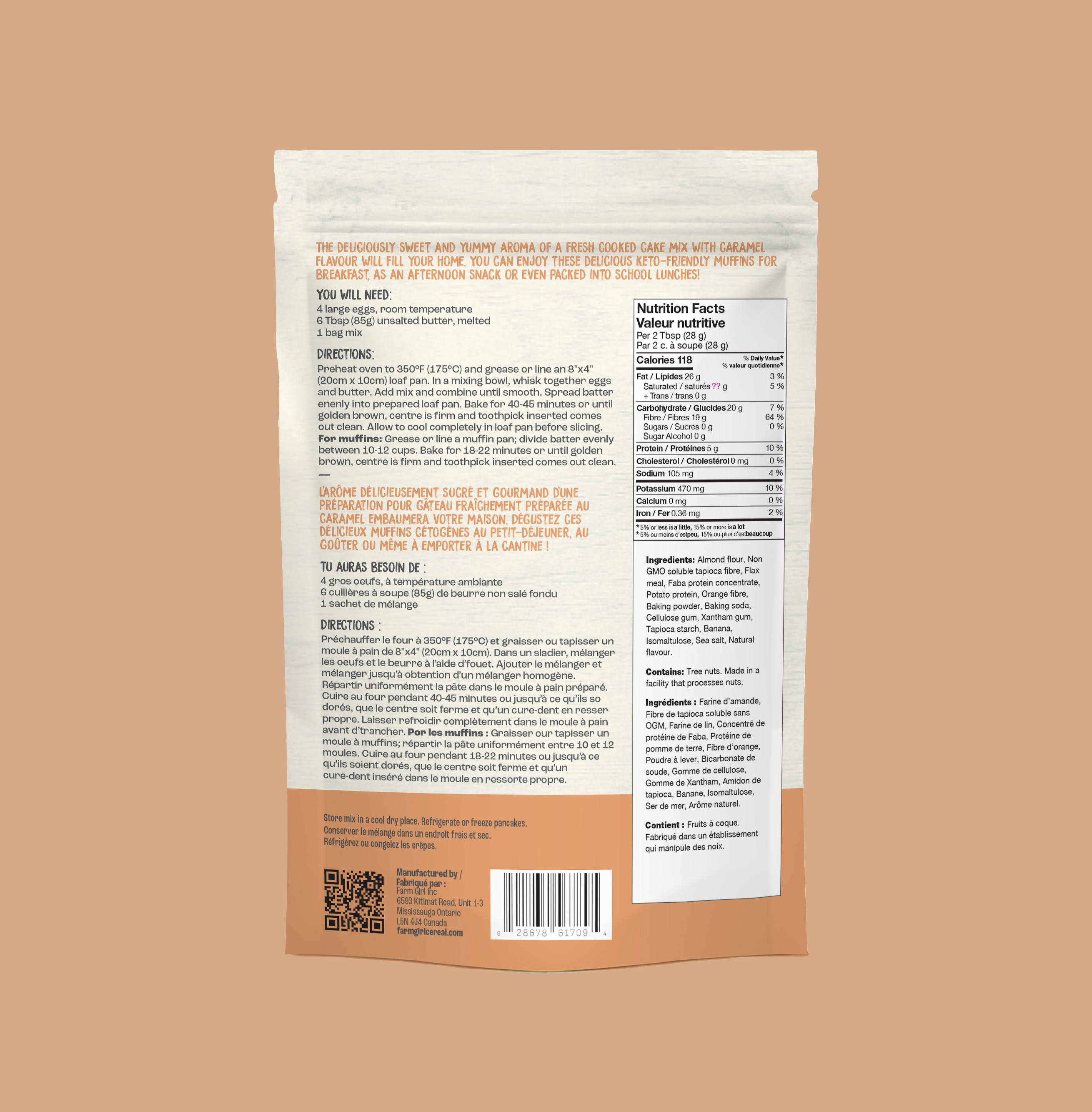 Back of Farm Girl Banana Caramel Loaf Mix, 350g/12.34 oz on beige background