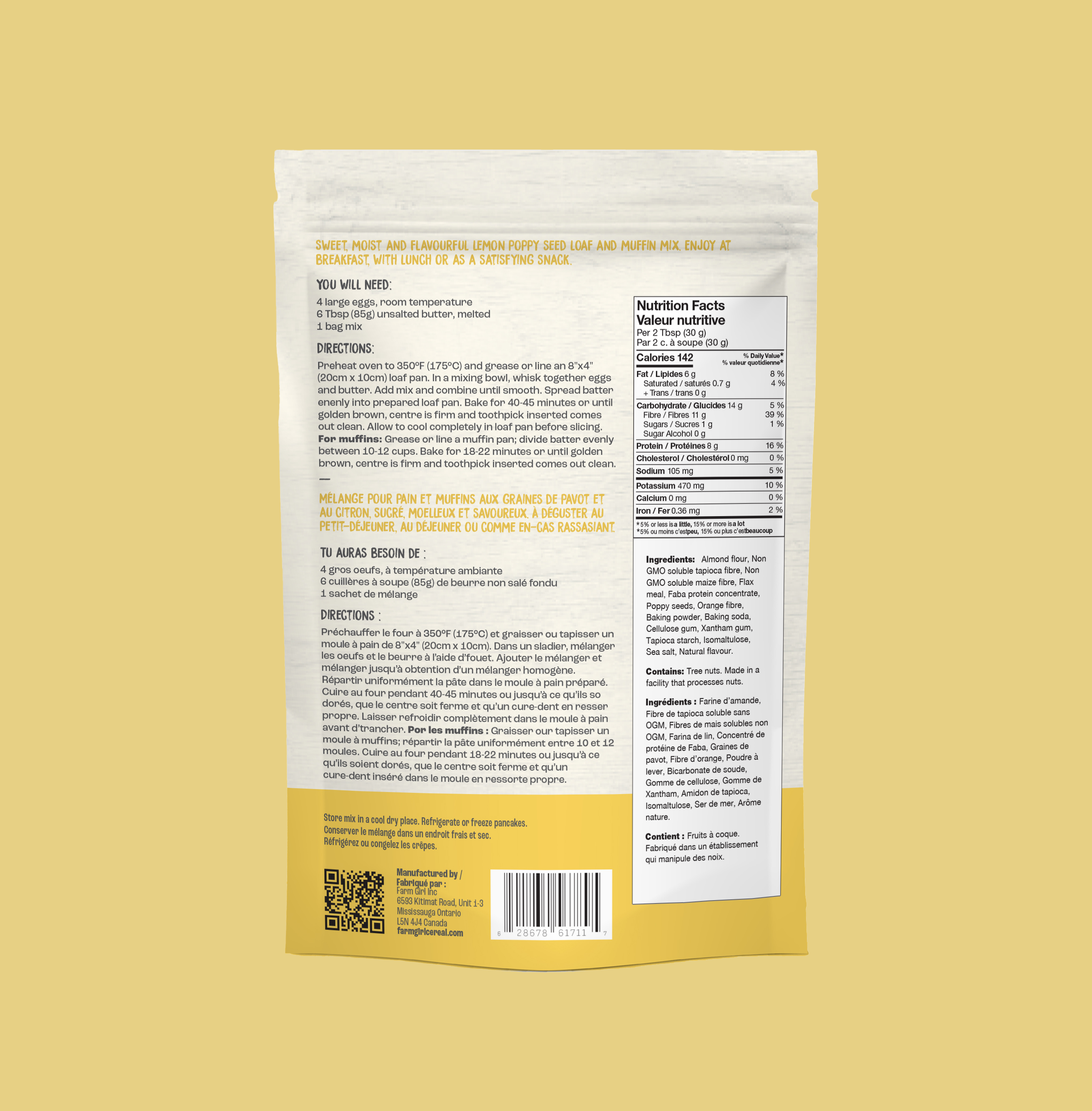 Back of Farm Girl Lemon Poppy Seed Loaf Mix, 350g/12.34 oz on a yellow background