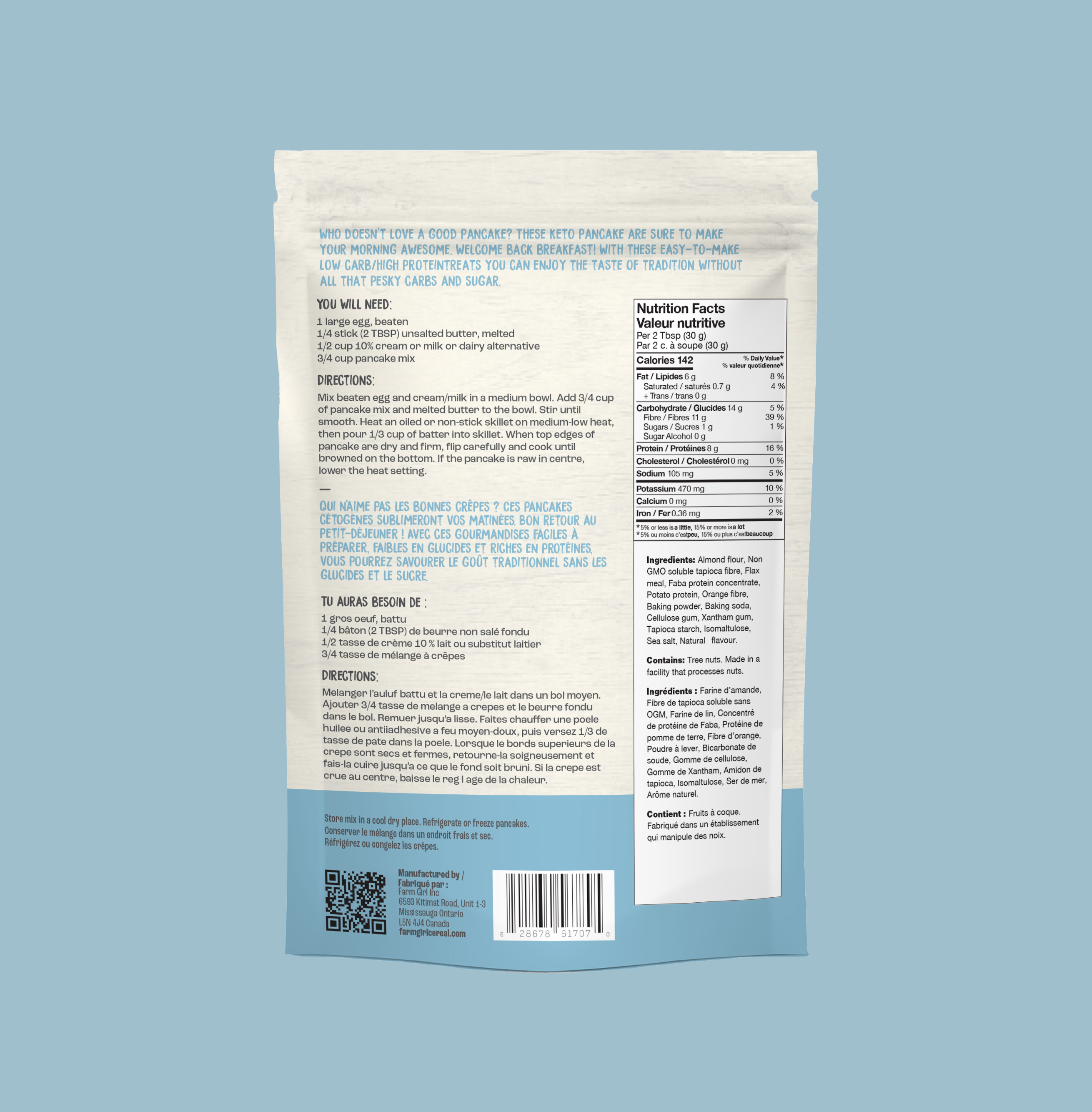 Back of Farm Girl Vanilla Pancake & Waffle Mix, 300g/10.58 oz on a light blue background