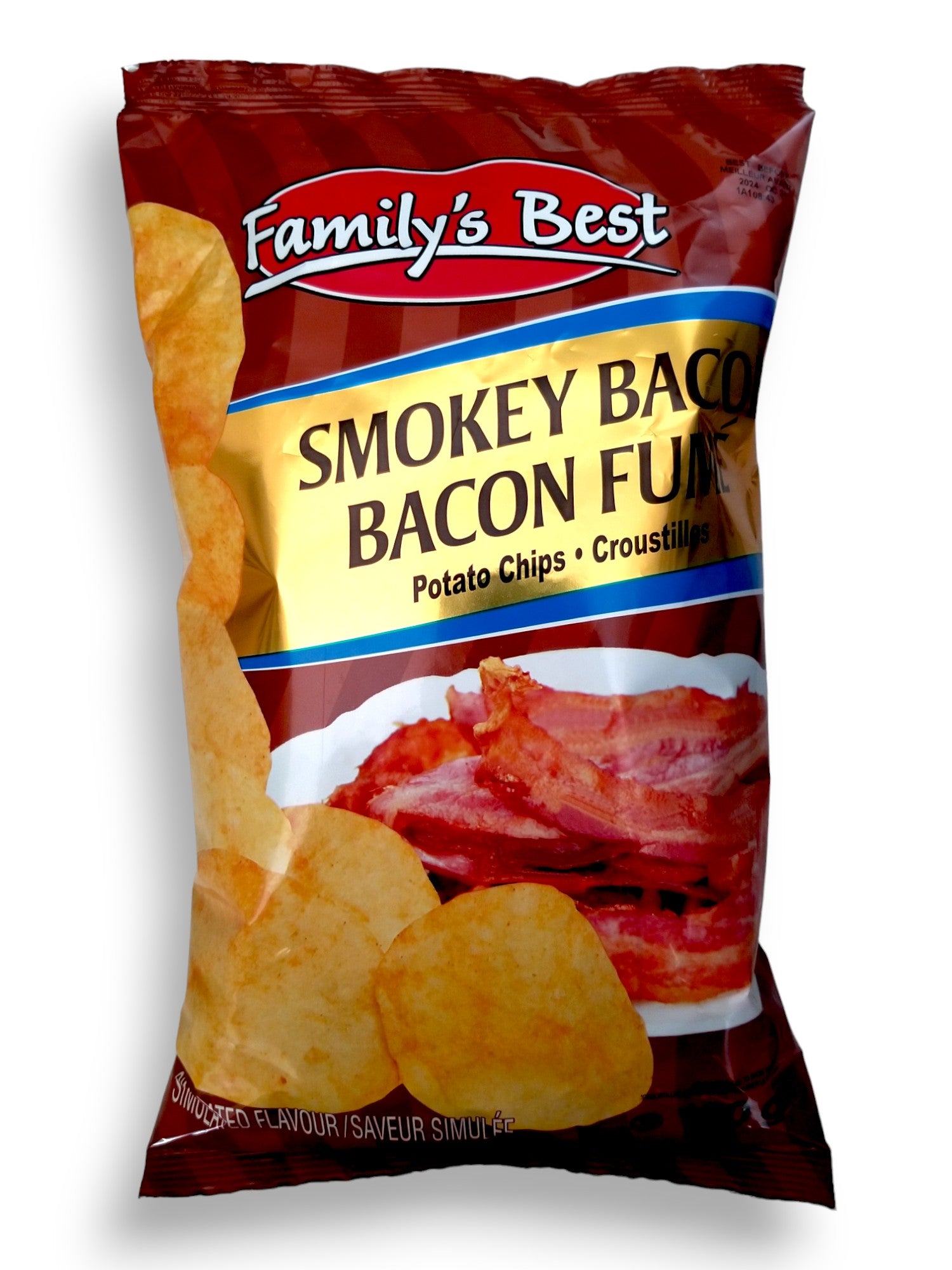 Family's Best Smokey Bacon Potato Chips, 130g/4.6 oz., Bag, front of bag.