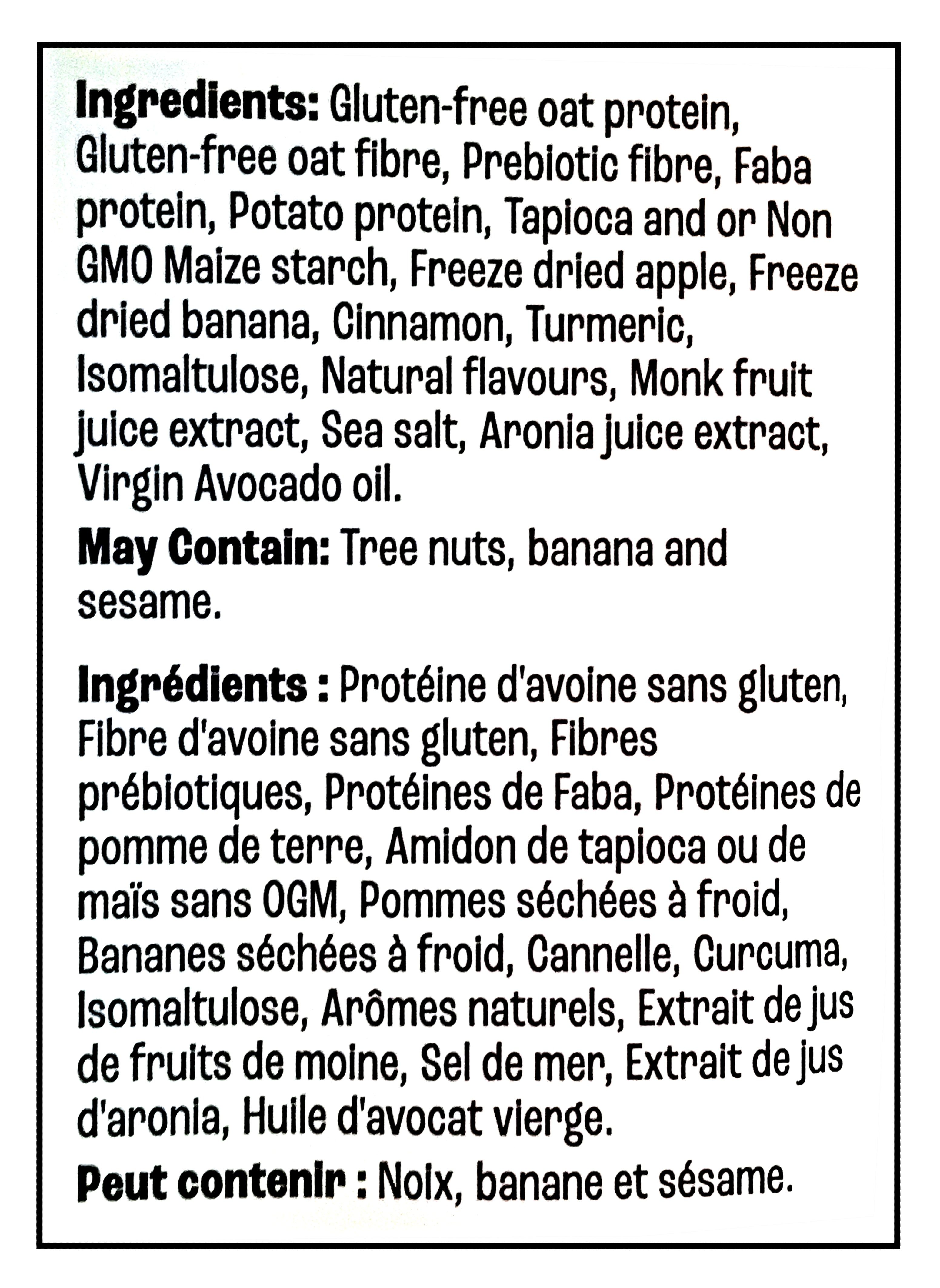 Ingredients list for Farm Girl Babanapple Fritter Cereal, 280g/9.8 - a gluten-free oat protein product on a black background
