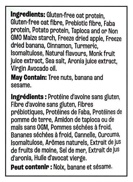 Ingredients list for Farm Girl Babanapple Fritter Cereal, 280g/9.8 - a gluten-free oat protein product on a black background