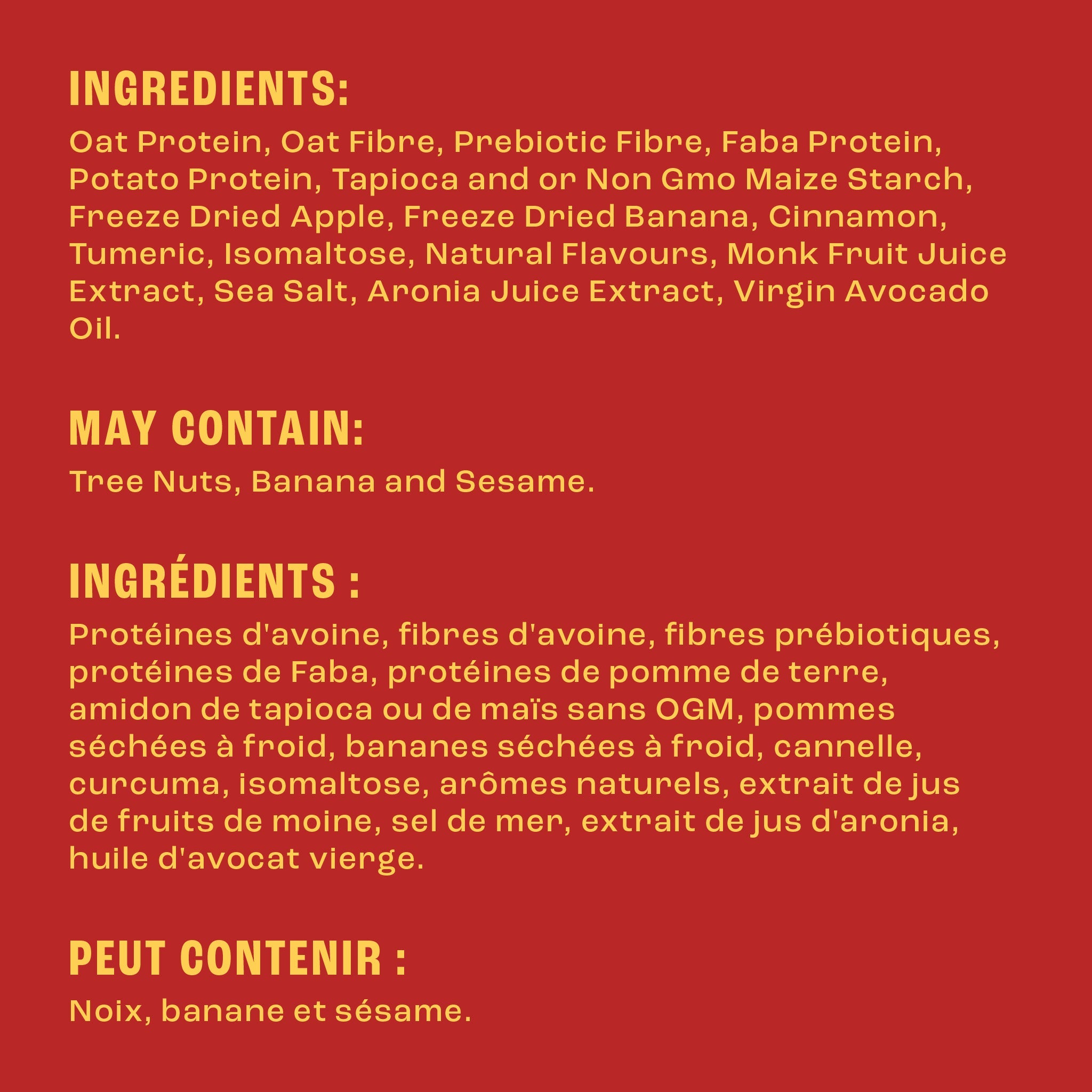 Ingredients list on a red background with yellow text