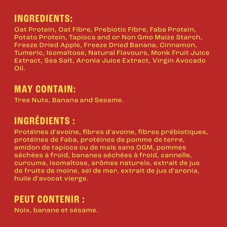 Ingredients list on a red background with yellow text