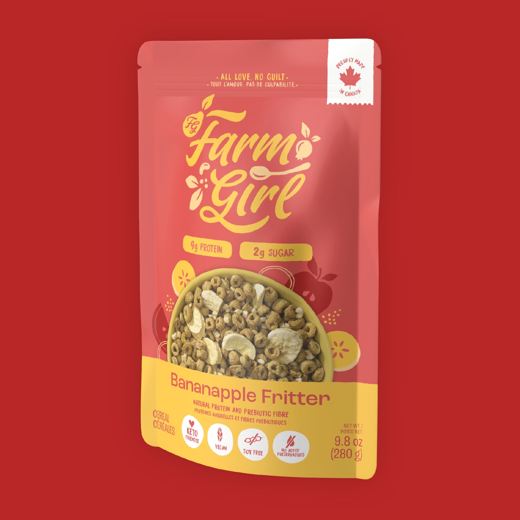 Front of Farm Girl Babanapple Fritter Cereal, 280g/9.8 oz on a red background