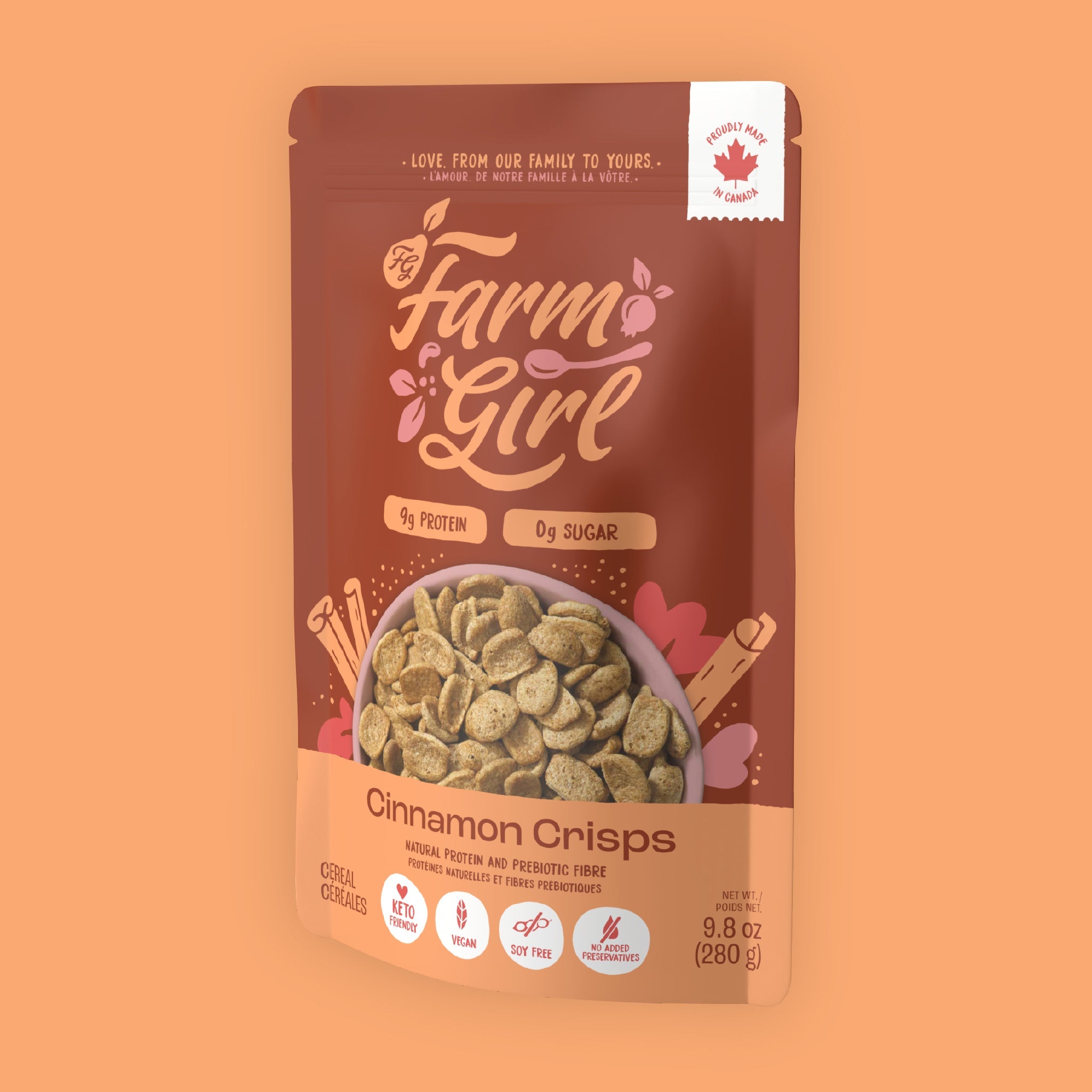 Farm Girl Cinnamon Crisps Cereal, 280g/9.8 oz., Pouch, front of pouch