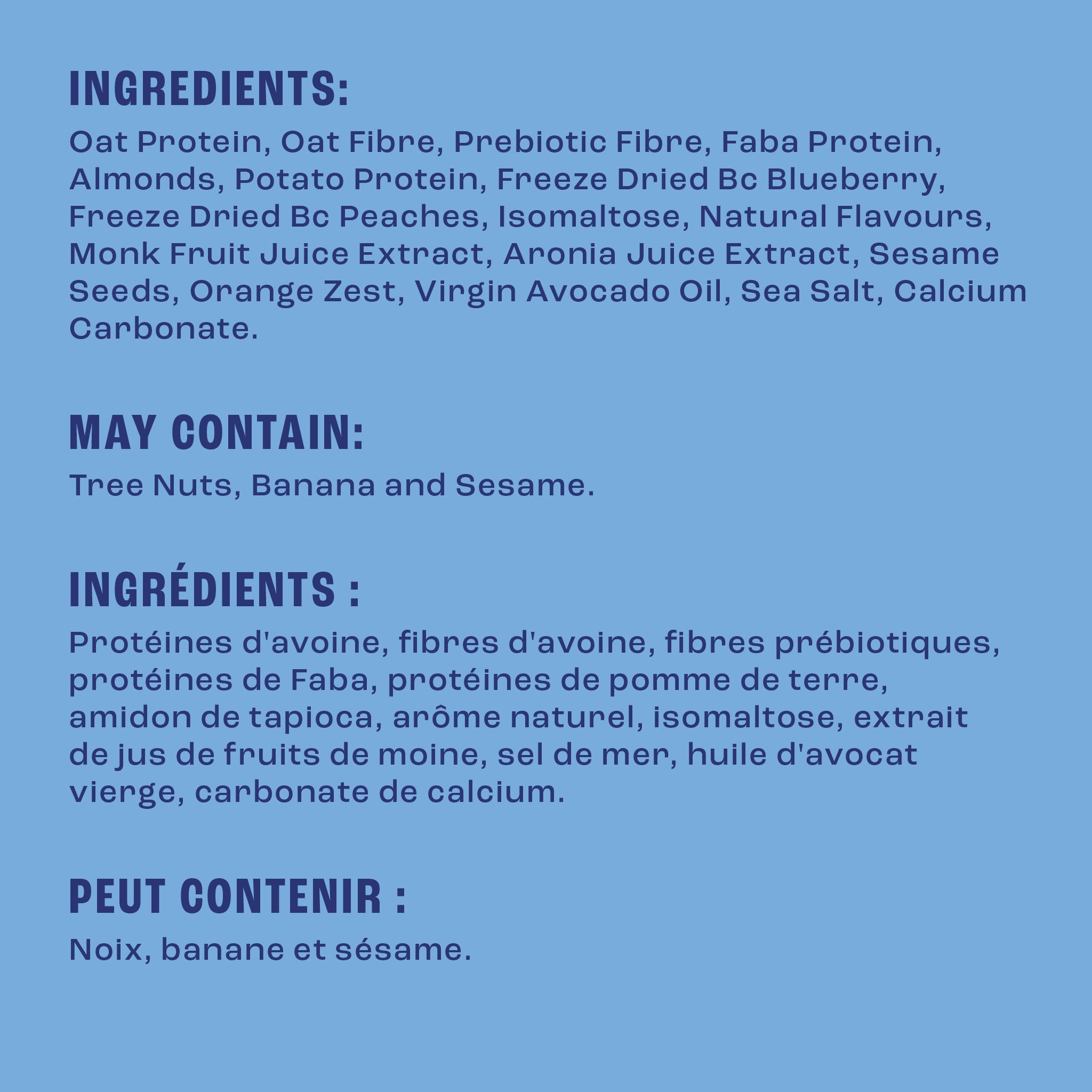 Ingredients list for Farm Girl Peachy Blueberry Snaps Cereal, 280g/9.8 oz
