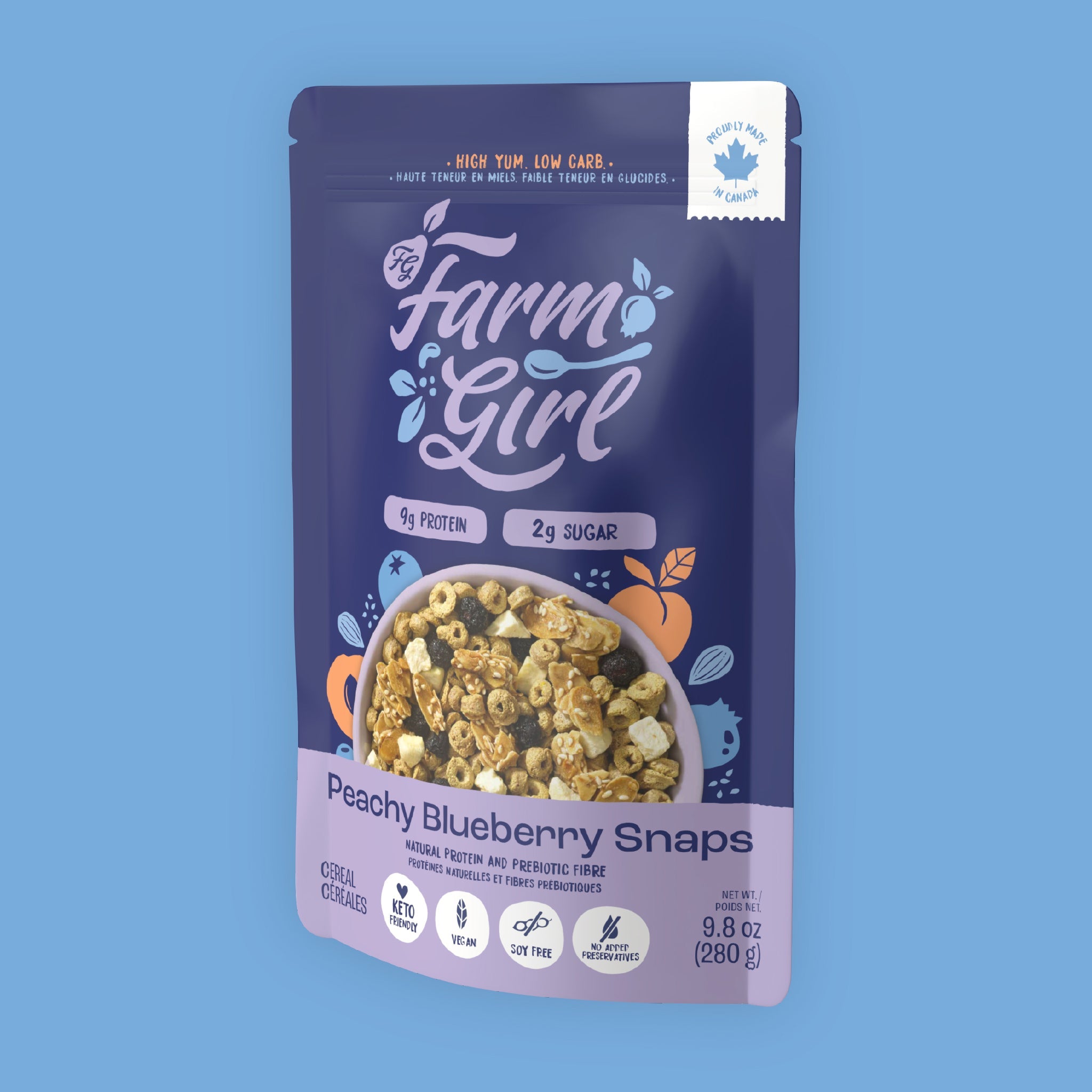 Front of Farm Girl Peachy Blueberry Snaps Cereal, 280g/9.8 oz on a blue background