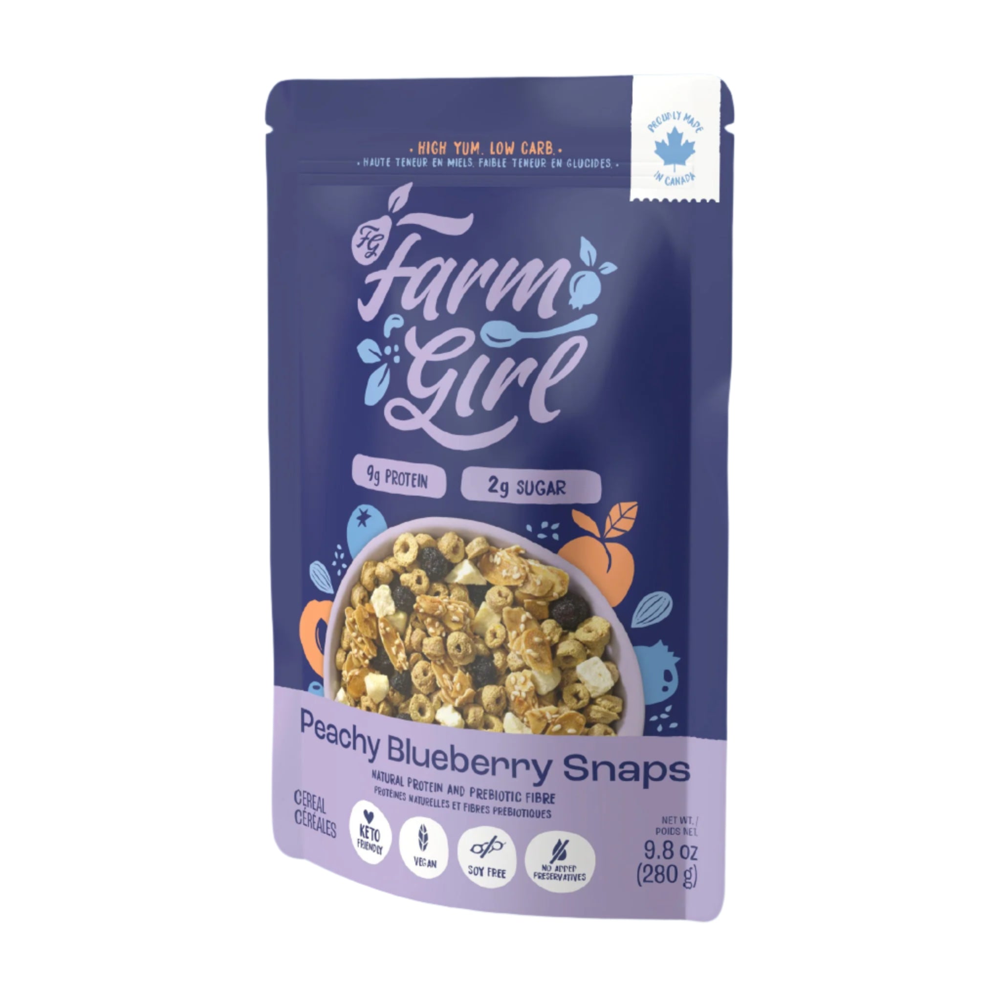 Front of Farm Girl Peachy Blueberry Snaps packaging on a white  background