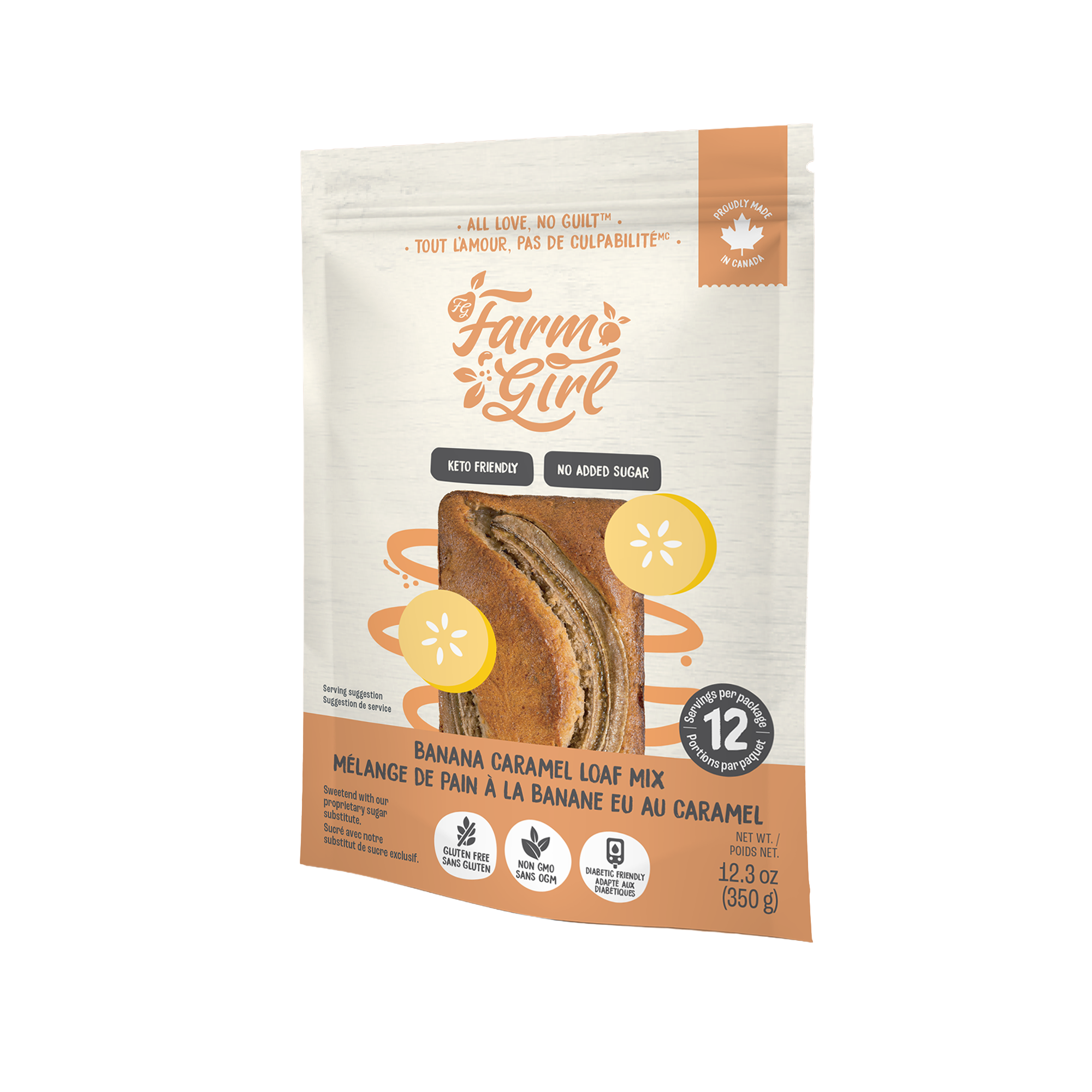 Front of Farm Girl Banana Caramel Loaf Mix, 350g/12.34 oz on white background