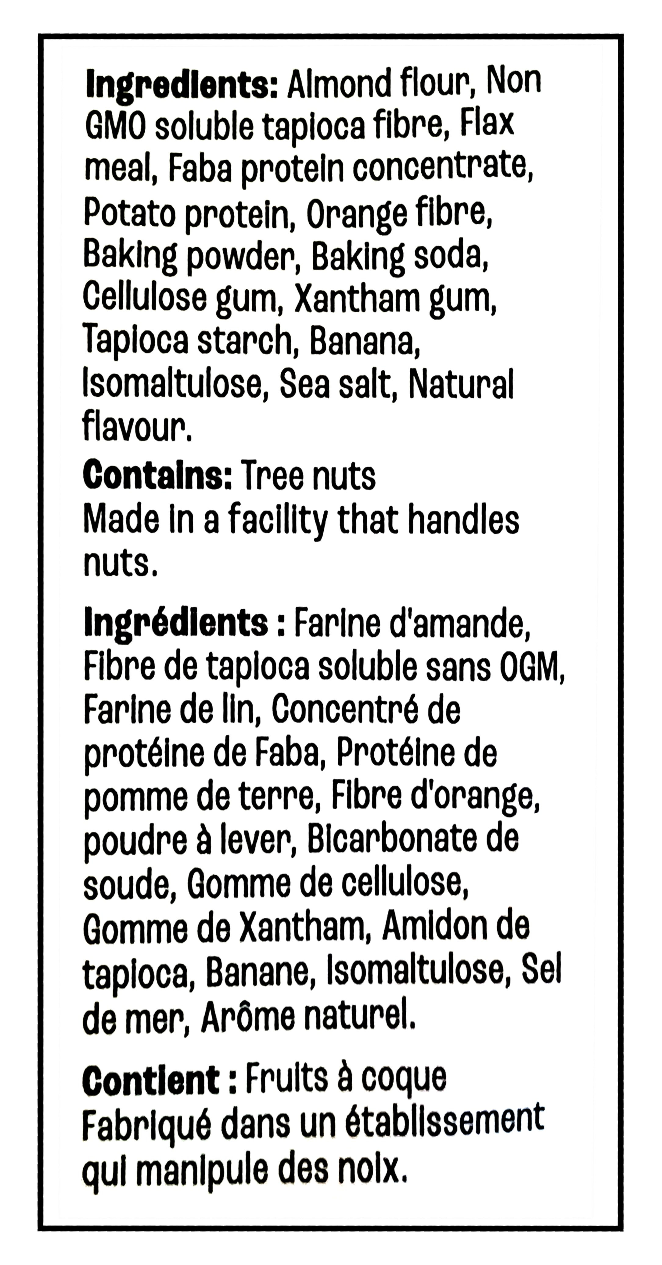 List of ingredients and allergen information for Farm Girl Banana Caramel Loaf Mix, 350g/12.34 oz on white background