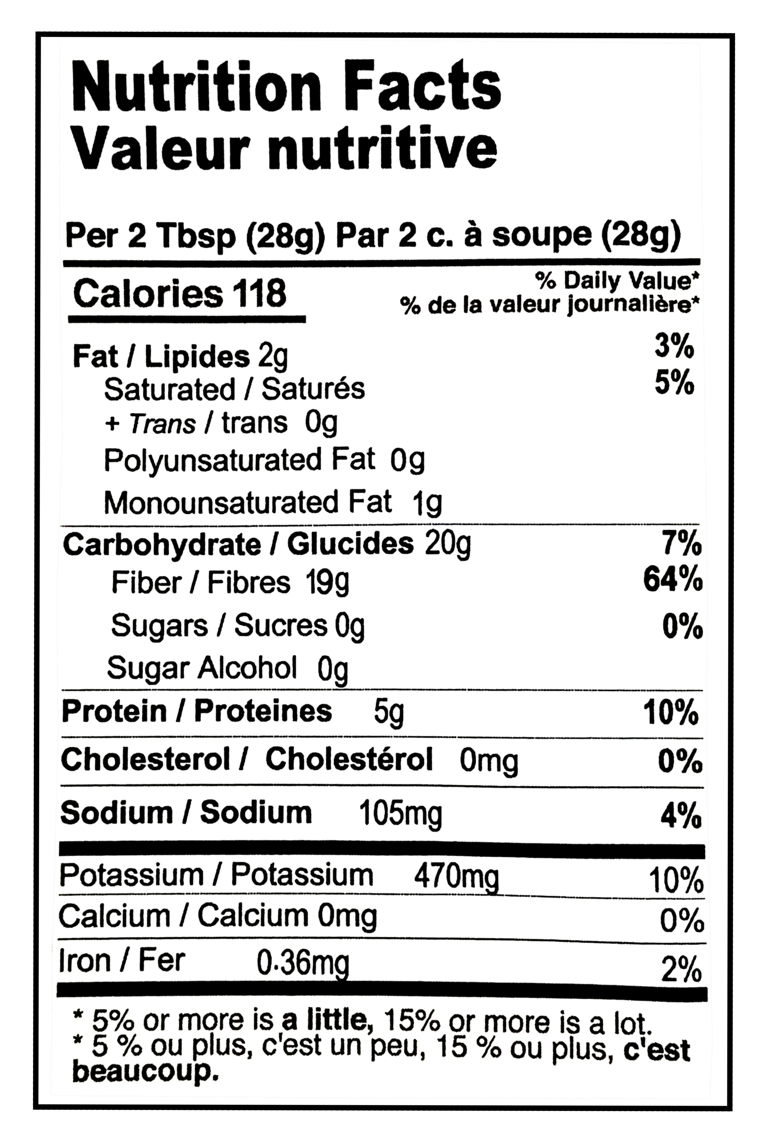 Nutrition facts label for Farm Girl Banana Caramel Loaf Mix, 350g/12.34 oz on white background