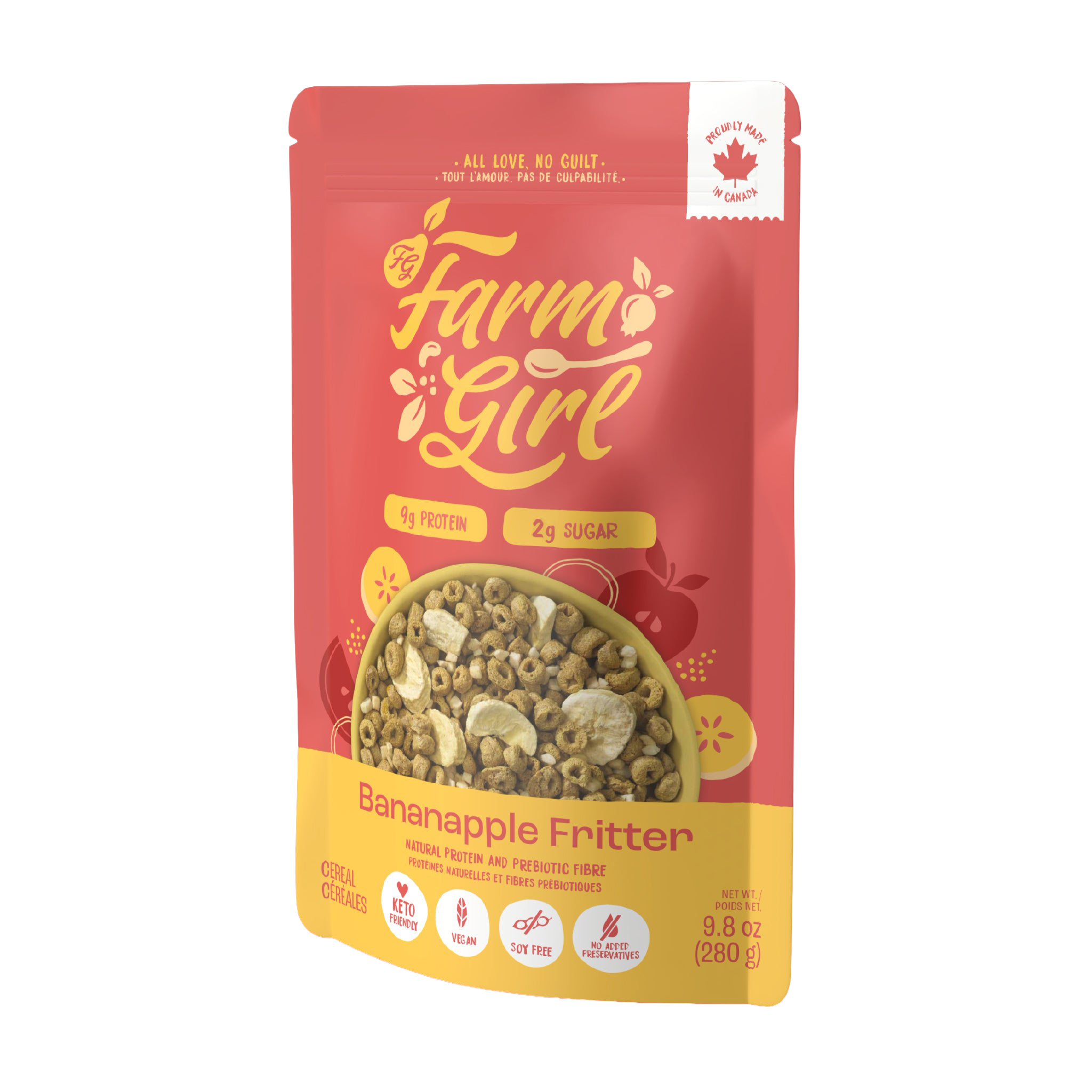 Front of Farm Girl Babanapple Fritter Cereal, 280g/9.8 oz on a white background