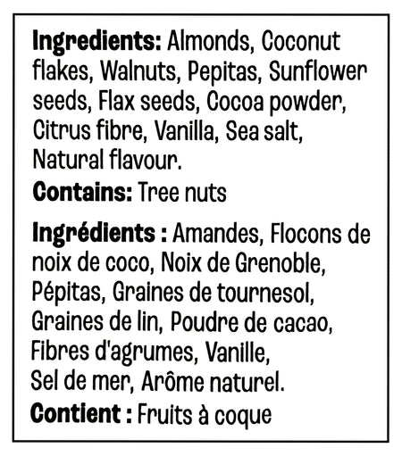List of ingredients for Farm Girl Chocolate Granola, 300g/10.58 oz on beige background on a white background