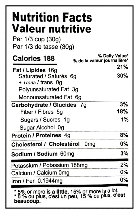 Nutrition facts label for Farm Girl Chocolate Granola, 300g/10.58 oz on white background