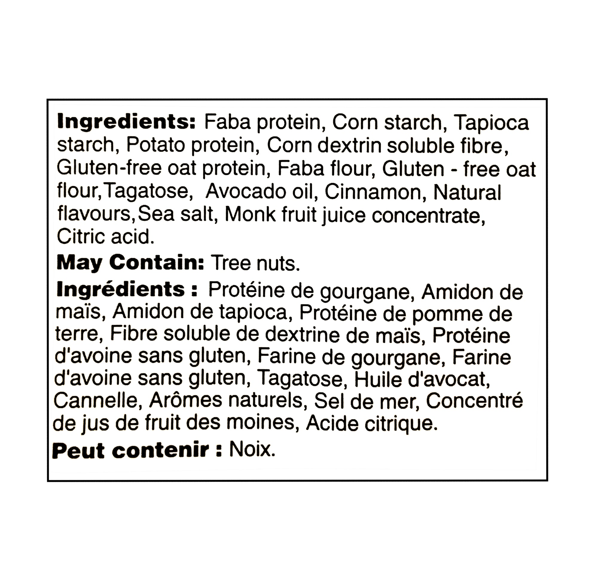 Ingredients list for a Farm Girl Cinnamon Crisps Cereal 680g packaging with black text on a white background 