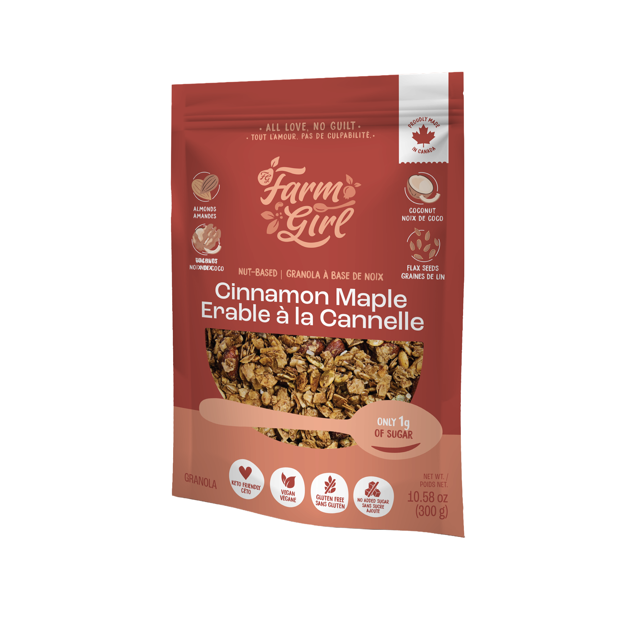 Front of Farm Girl Cinnamon Maple Granola, 300g/10.58 oz on a white background
